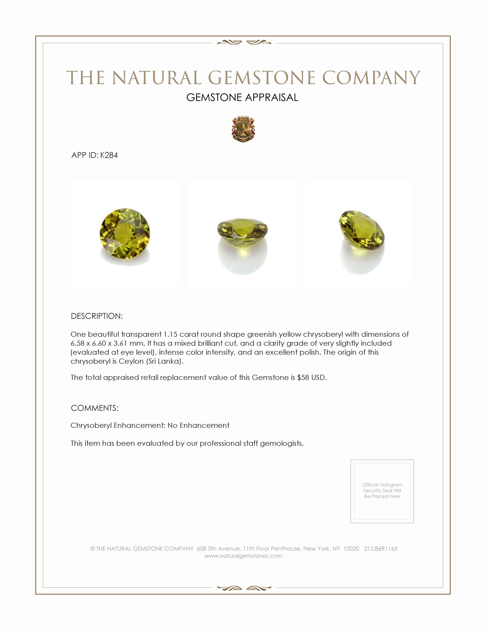 1.15 Ct. Chrysoberyl from Ceylon (Sri Lanka)