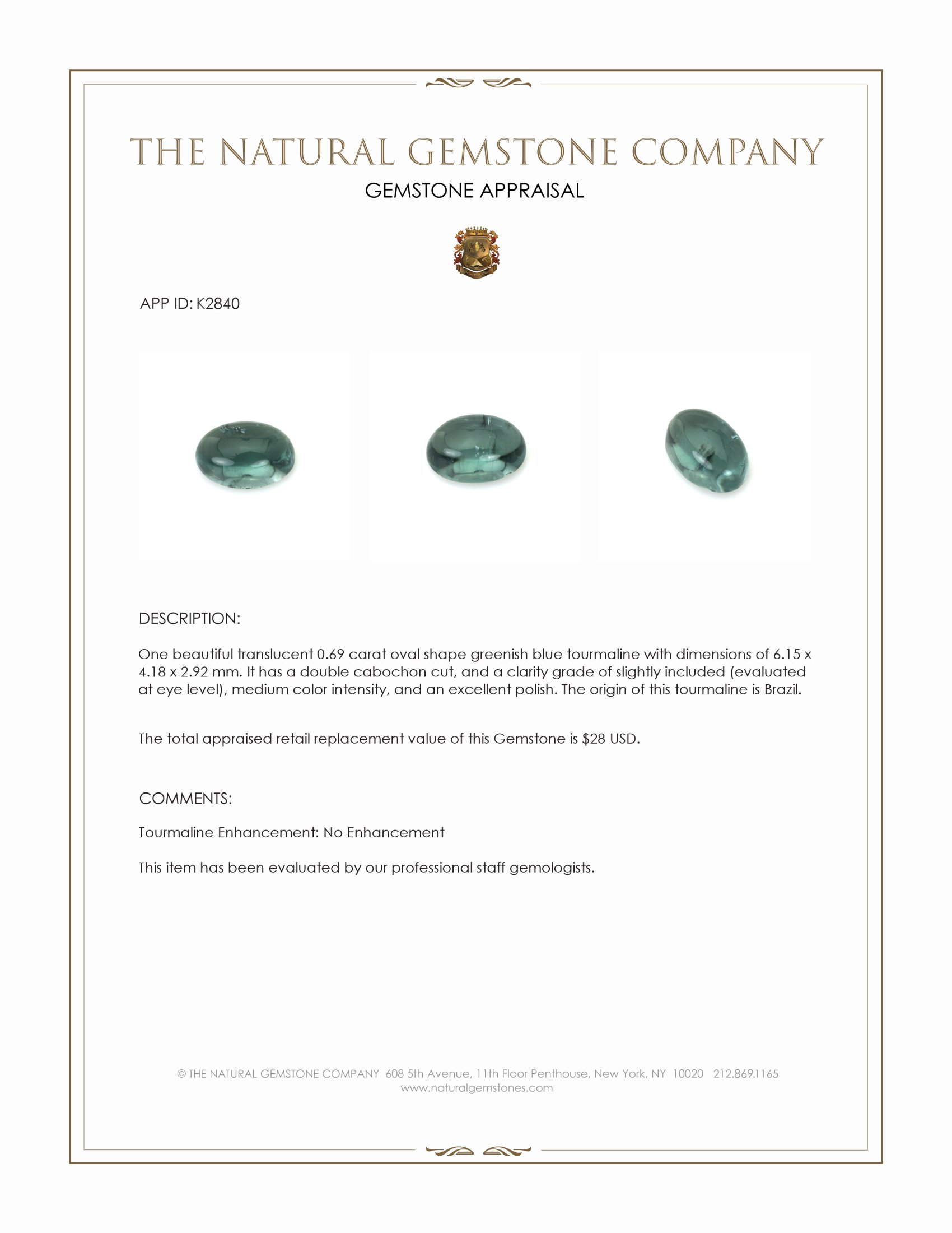 0.69 Ct. Greenish Blue Cabochon Tourmaline from Brazil