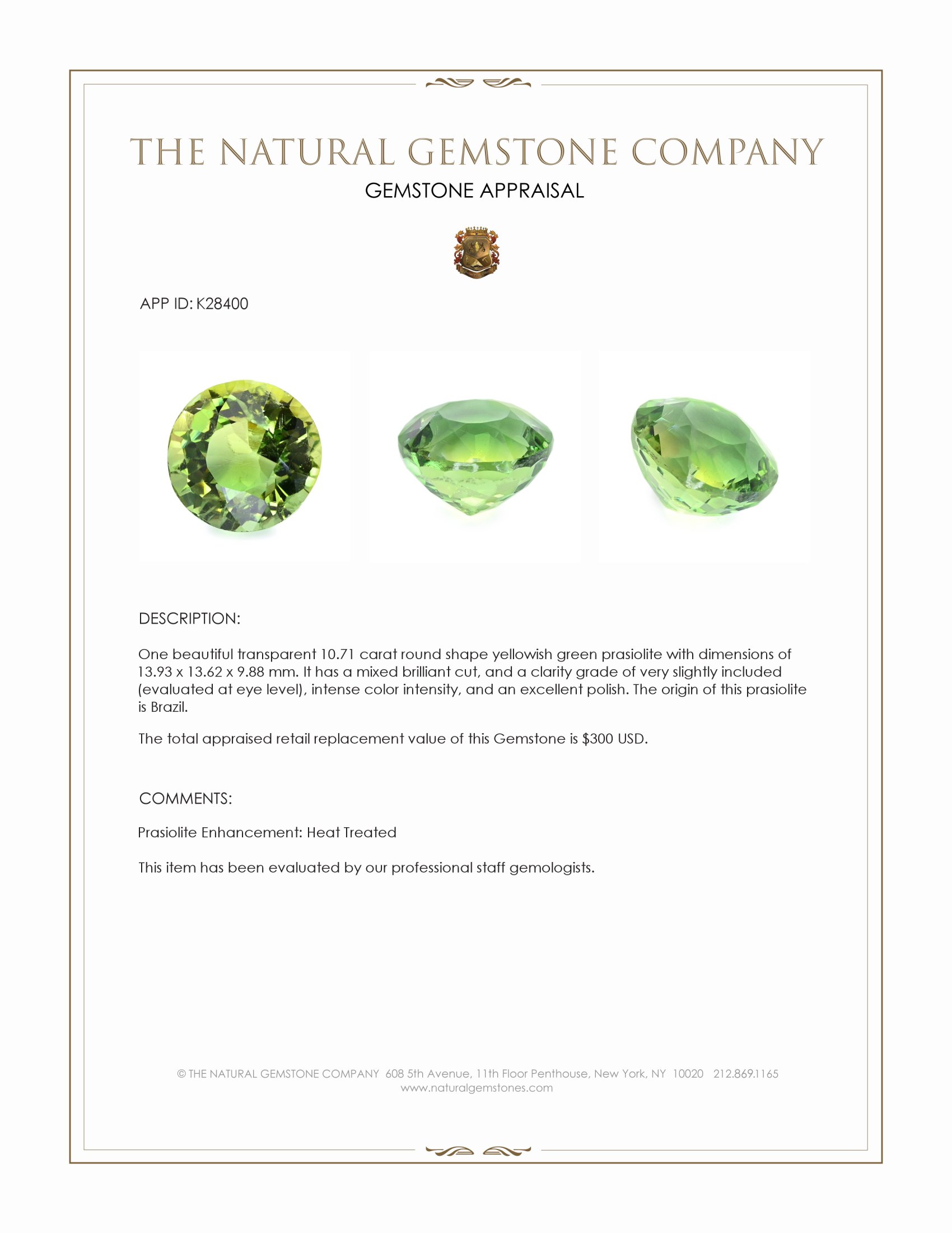 10.71 Ct. Yellowish Green Prasiolite from Brazil