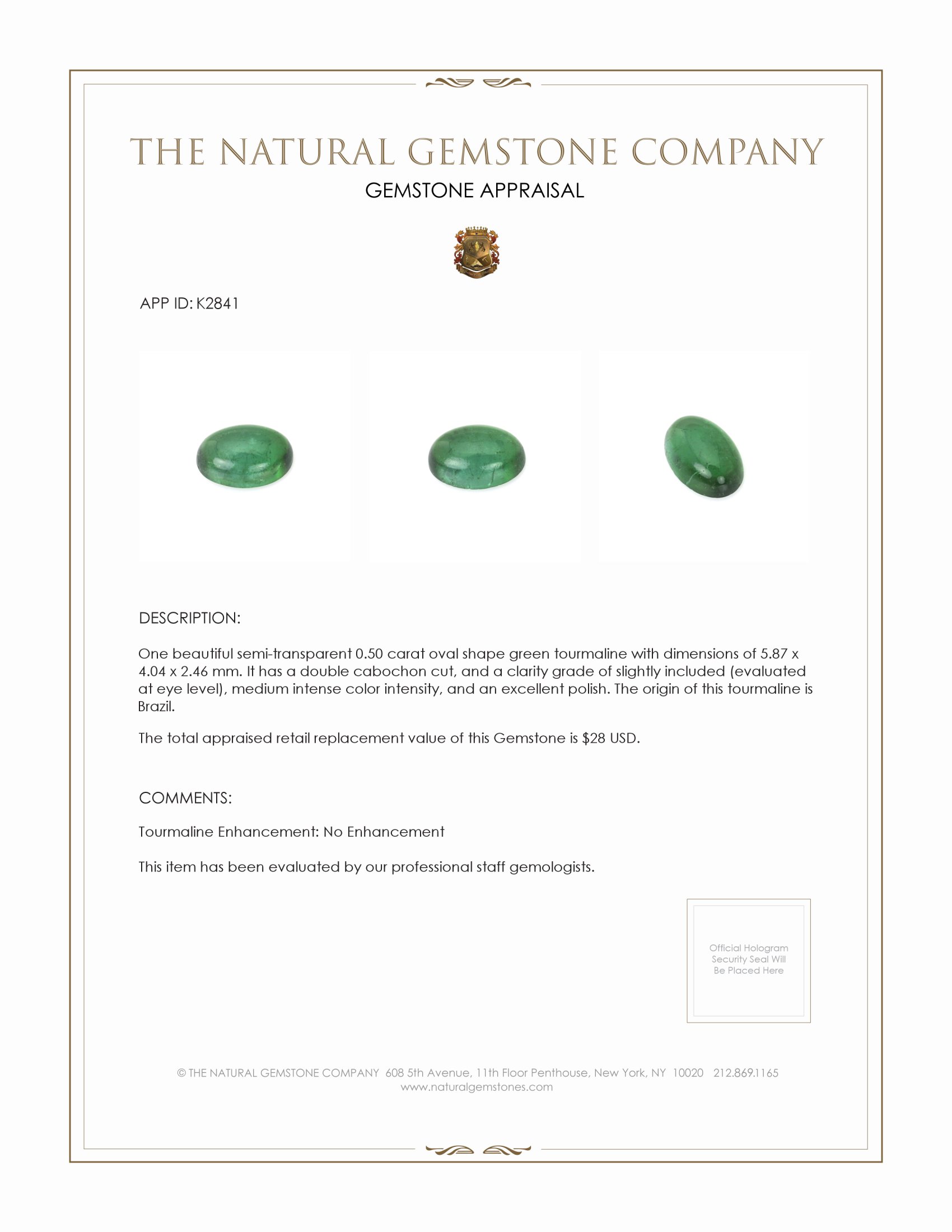 0.50 Ct. Green Cabochon Tourmaline from Brazil