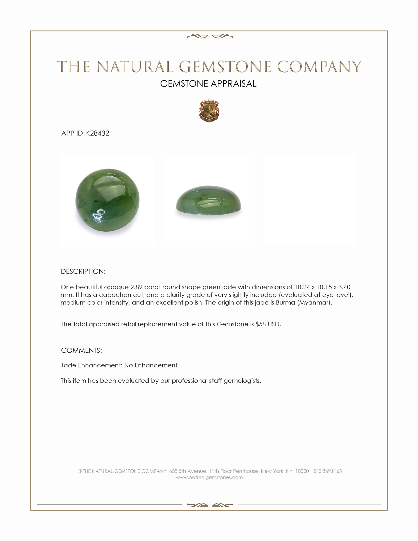 2.89 Ct. Green Cabochon Jade from Burma (Myanmar)