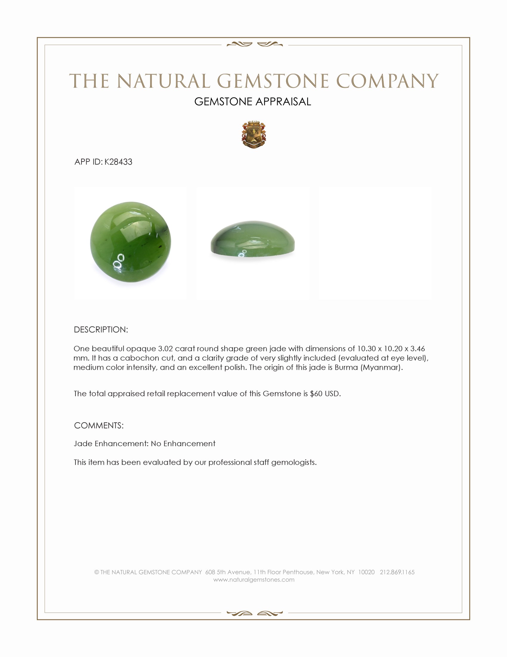 3.02 Ct. Green Cabochon Jade from Burma (Myanmar)