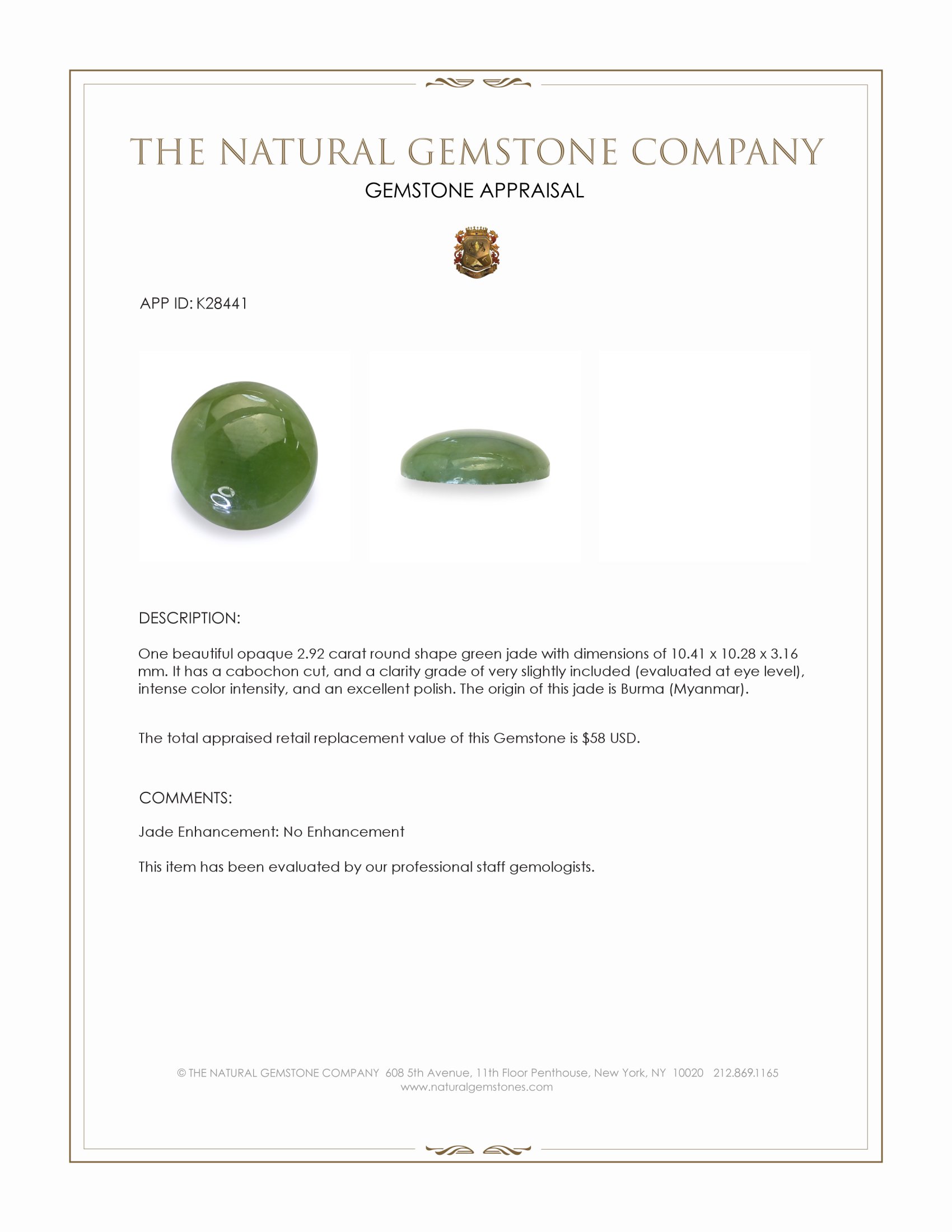 2.92 Ct. Green Cabochon Jade from Burma (Myanmar)