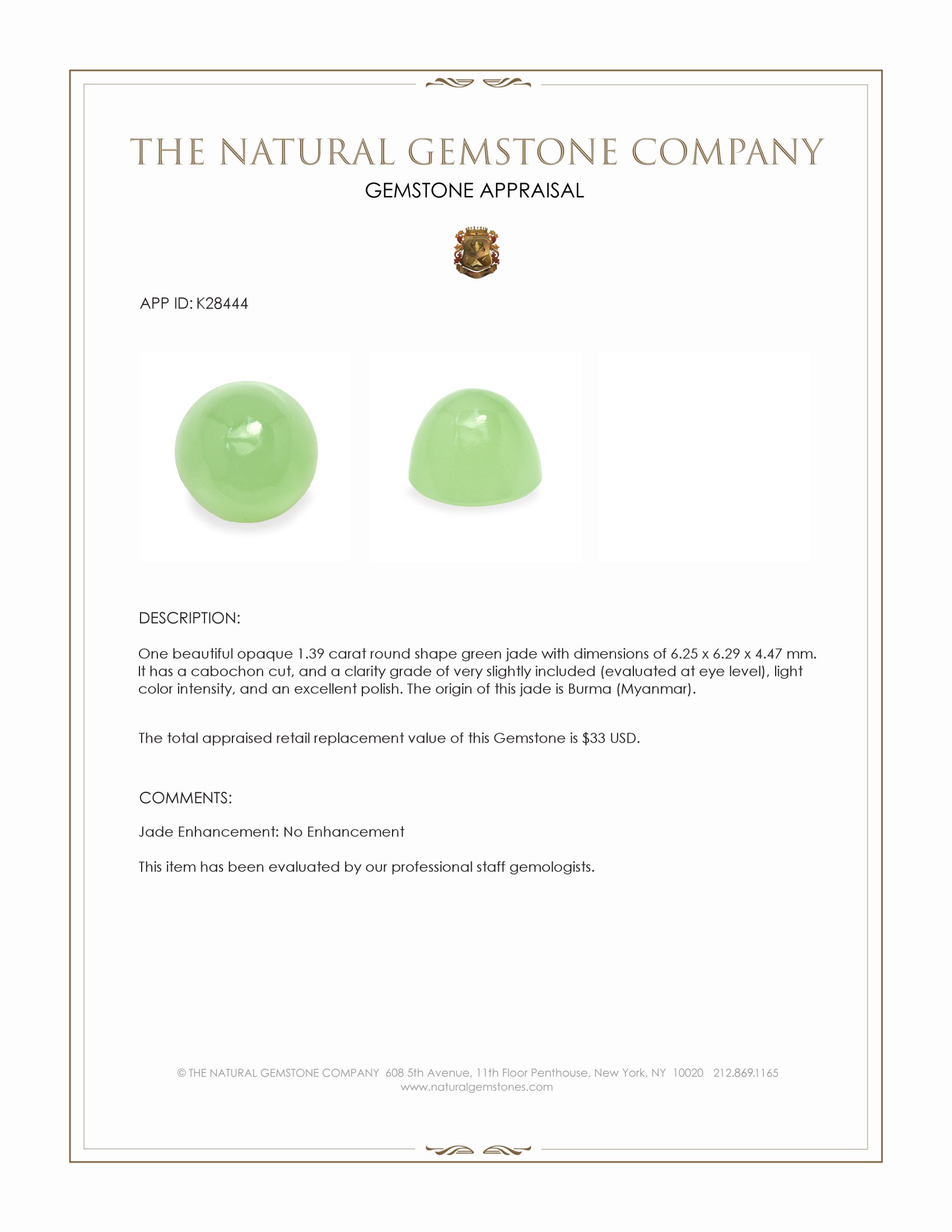 1.39 Ct. Green Cabochon Jade from Burma (Myanmar)