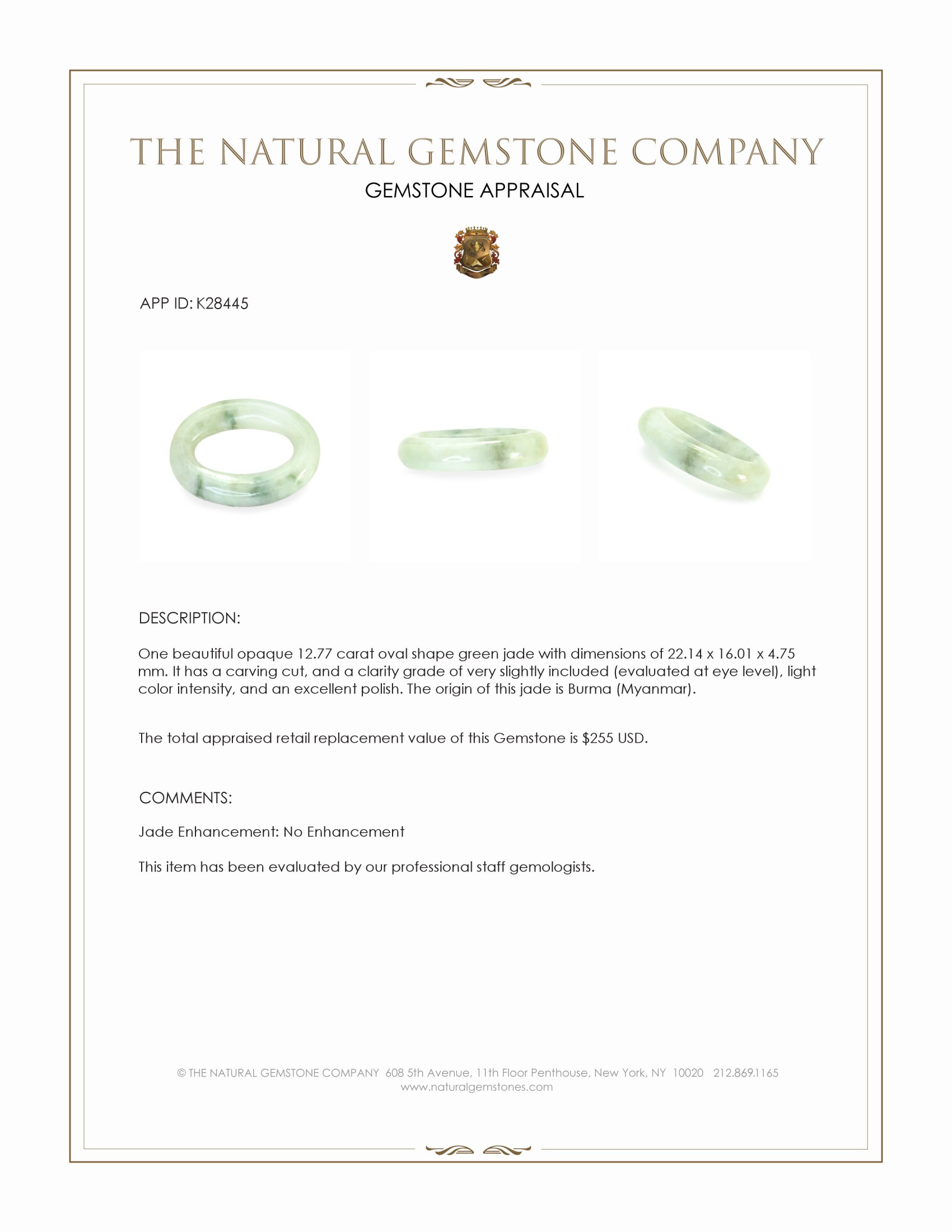 12.77 Ct. Green Jade from Burma (Myanmar)