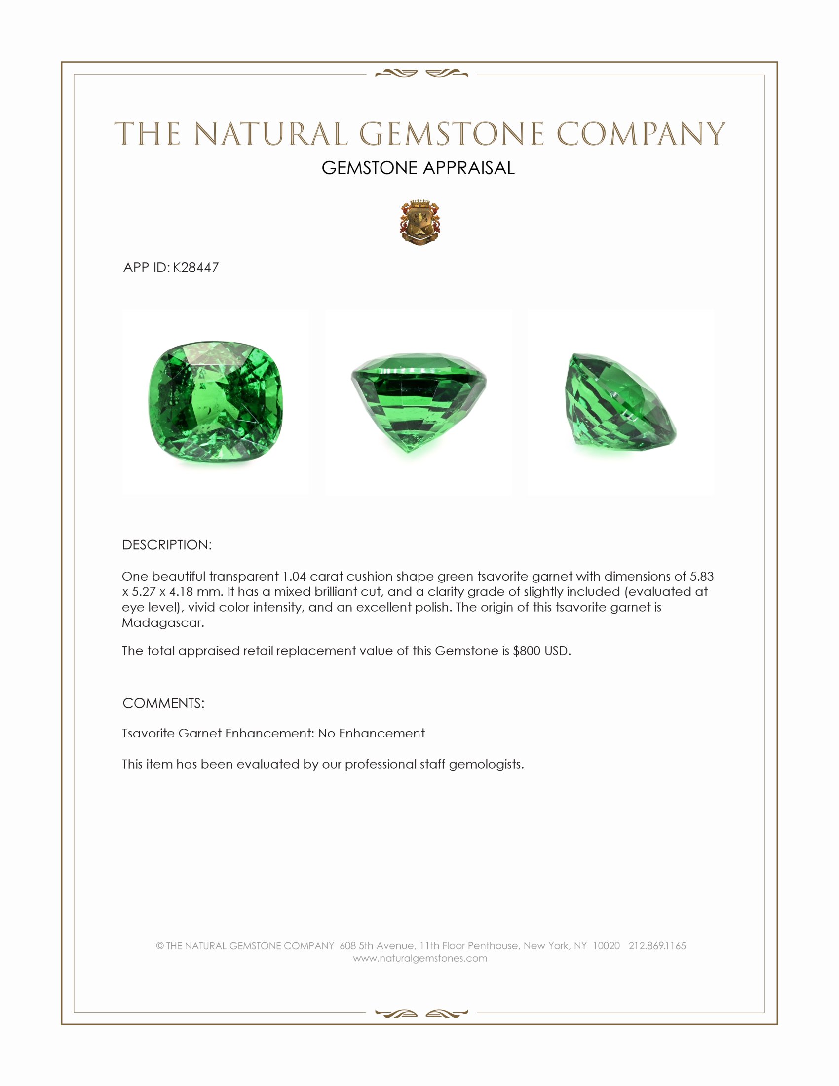 1.04 Ct. Tsavorite Garnet from Madagascar
