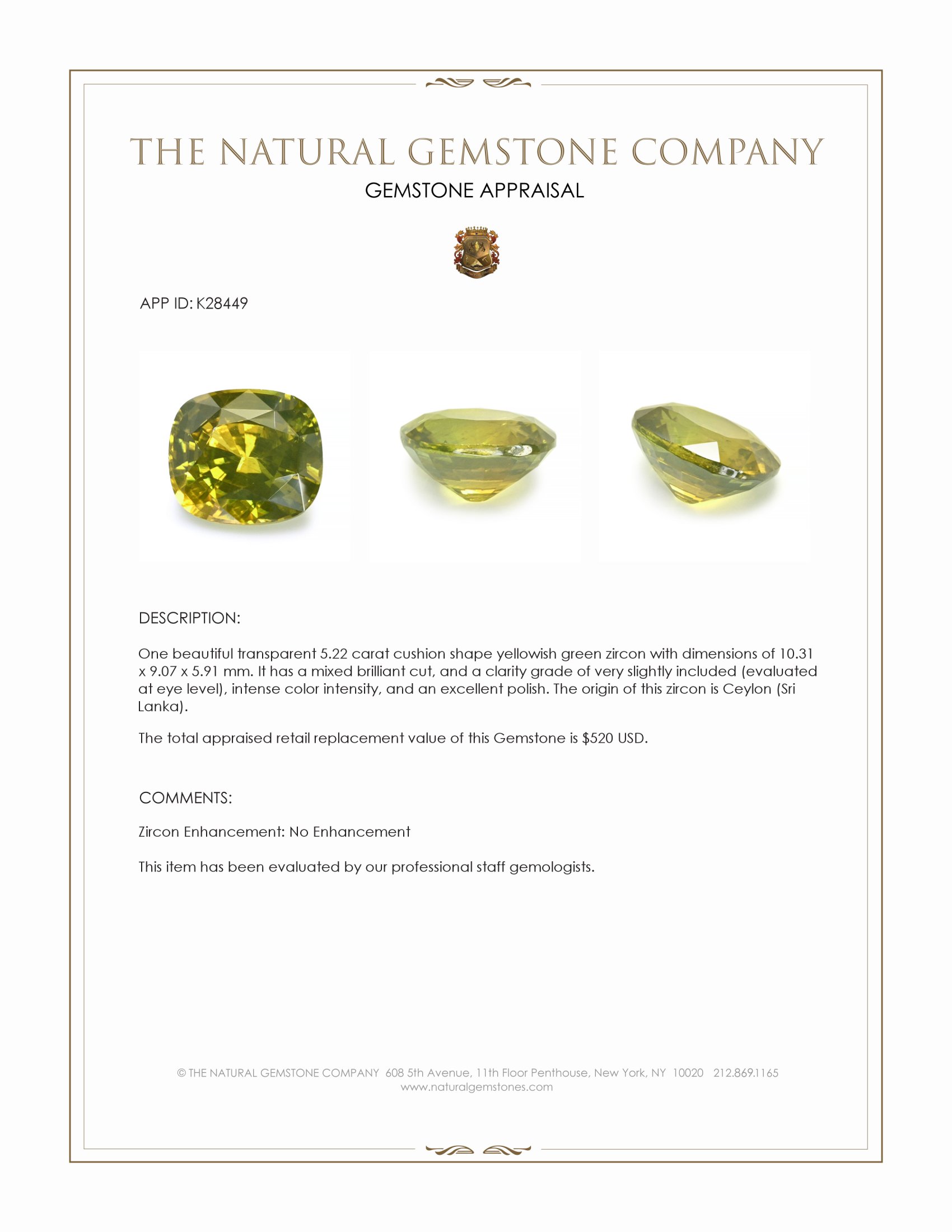 5.22 Ct. Yellowish Green Zircon from Ceylon (Sri Lanka)