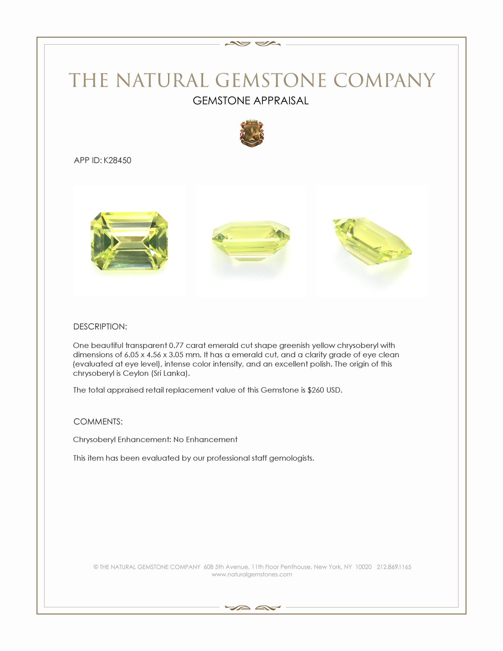 0.77 Ct. Greenish Yellow Chrysoberyl from Ceylon (Sri Lanka)