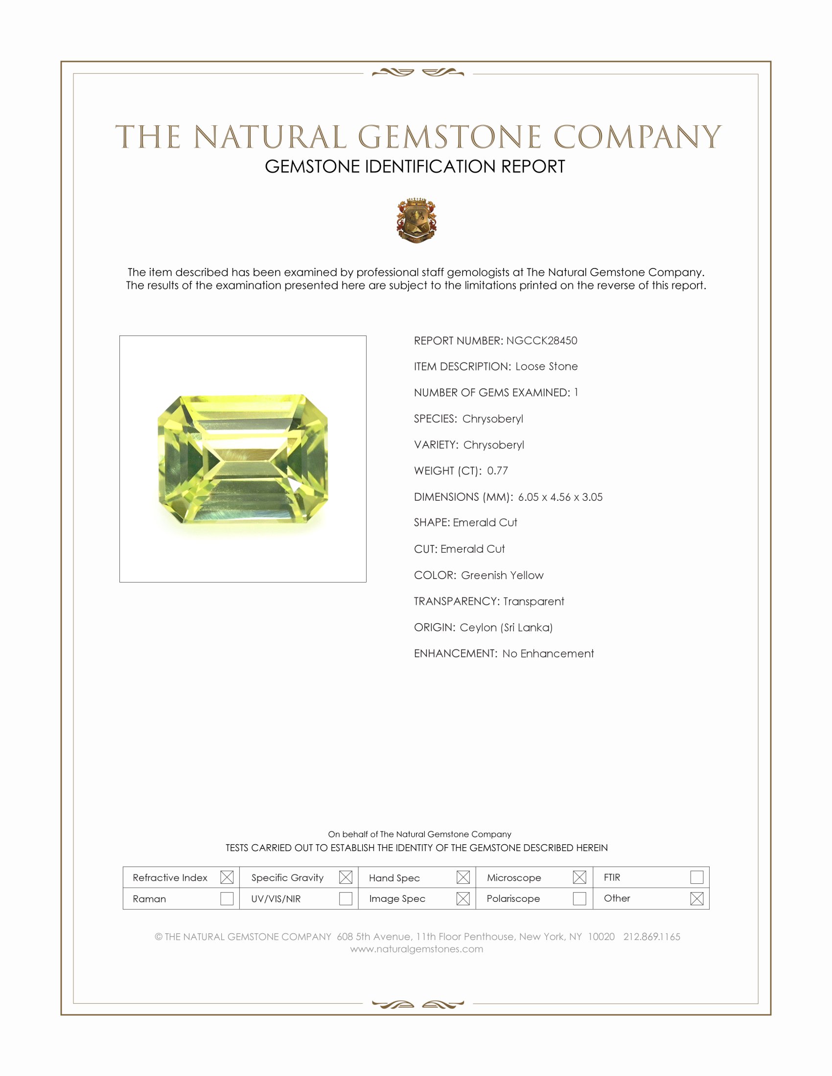 0.77 Ct. Greenish Yellow Chrysoberyl from Ceylon (Sri Lanka)