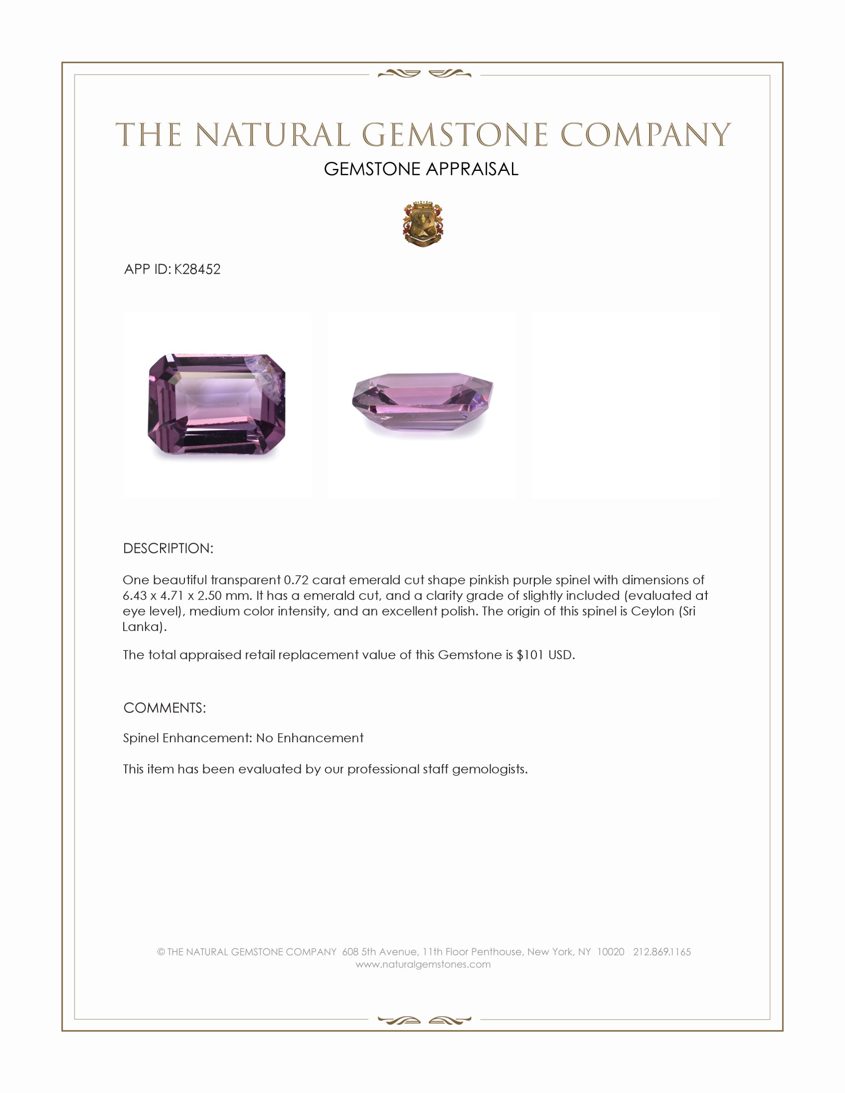 0.72 Ct. Pinkish Purple Spinel from Ceylon (Sri Lanka)
