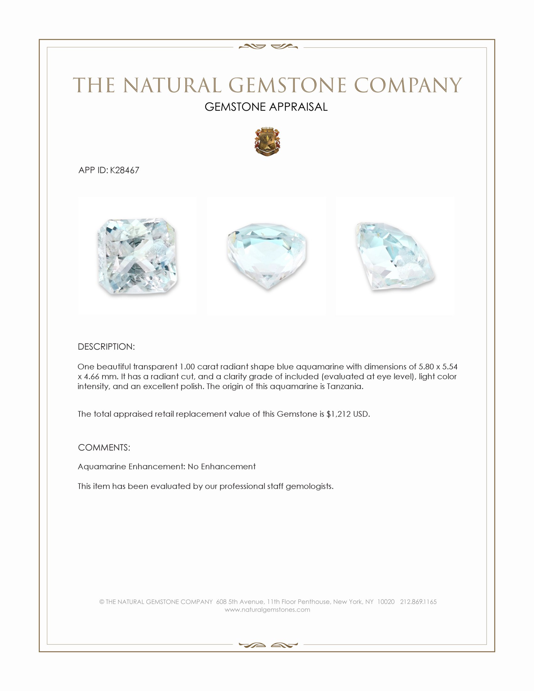 1.00 Ct. Blue Aquamarine from Tanzania