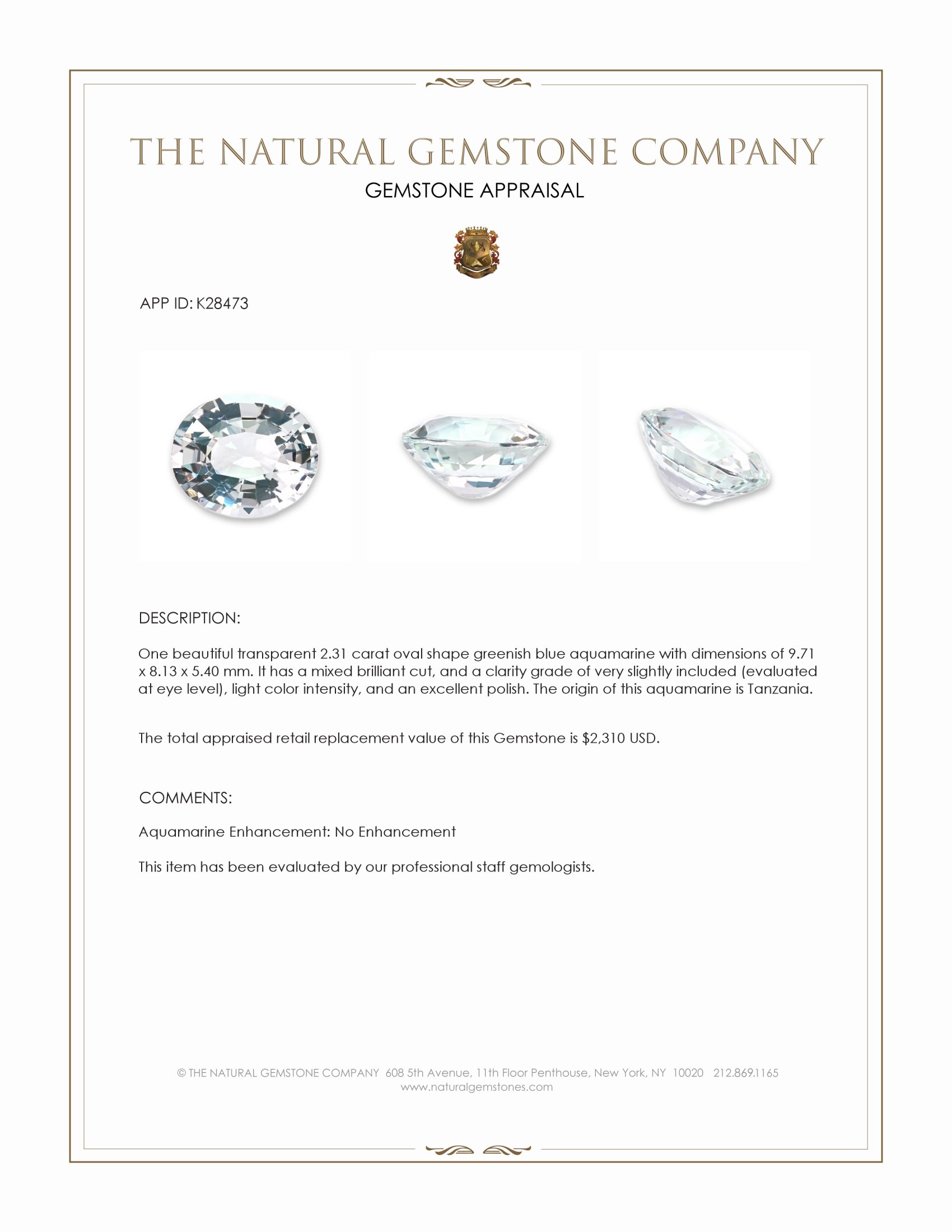 2.31 Ct. Greenish Blue Aquamarine from Tanzania