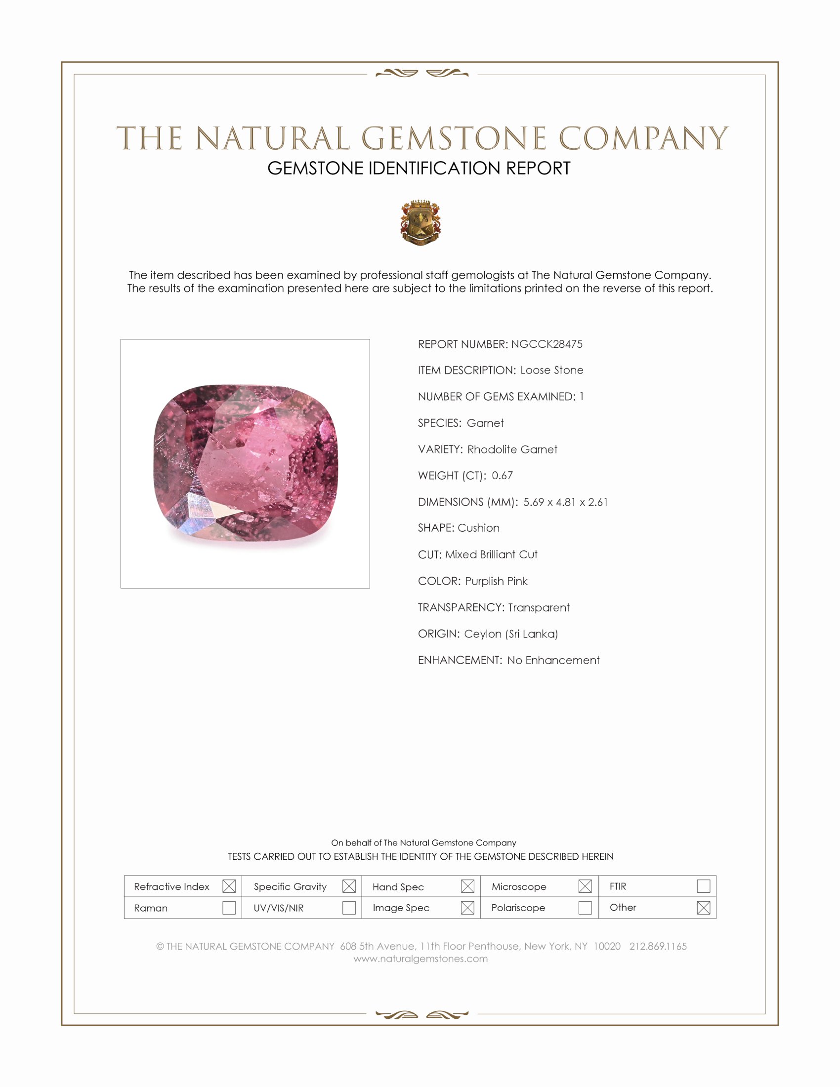 0.67 Ct. Purplish Pink Rhodolite Garnet from Ceylon (Sri Lanka)
