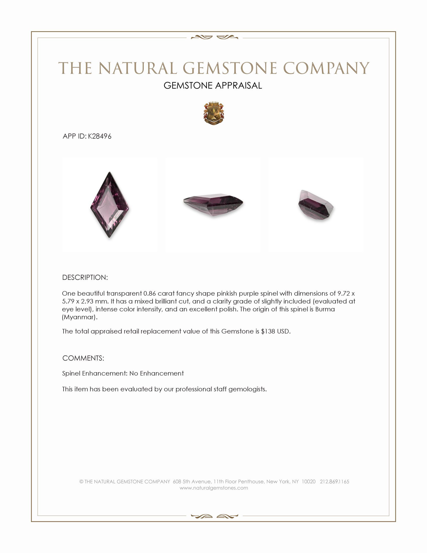 0.86 Ct. Pinkish Purple Spinel from Burma (Myanmar)