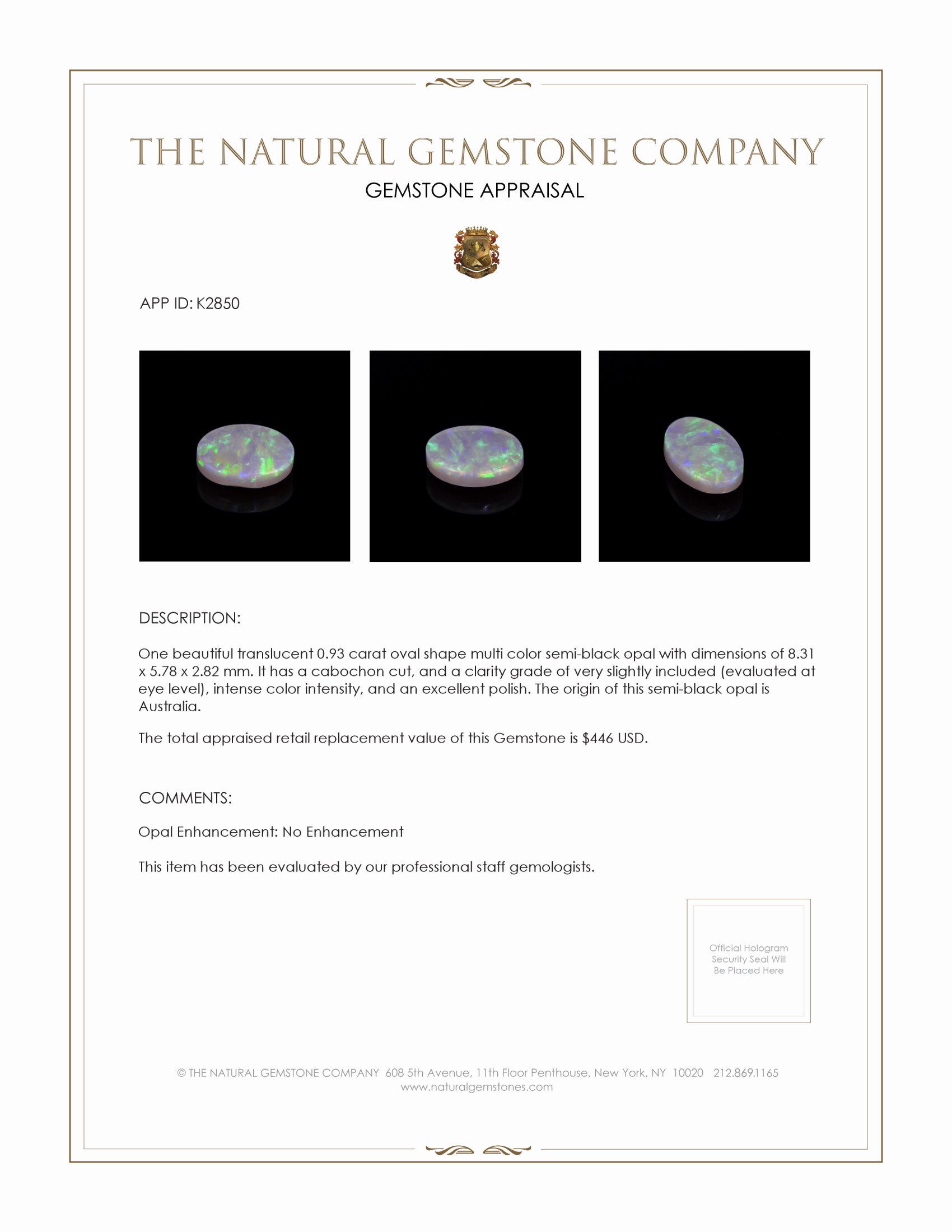 0.93 Ct. Cabochon Semi-Black Opal from Australia