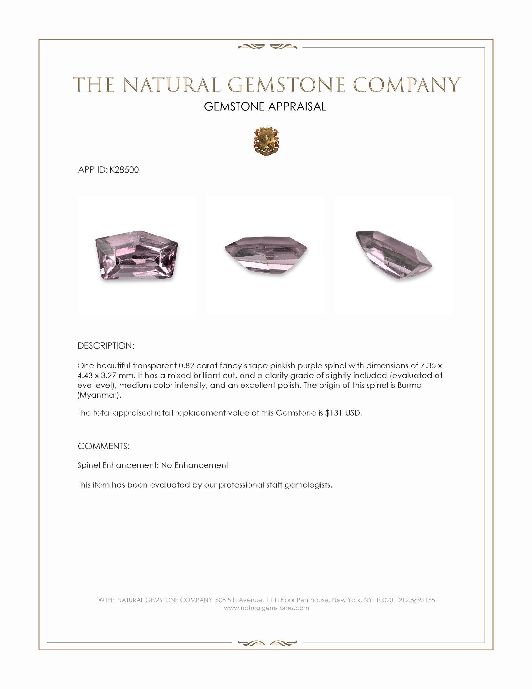 0.82 Ct. Pinkish Purple Spinel from Burma (Myanmar)