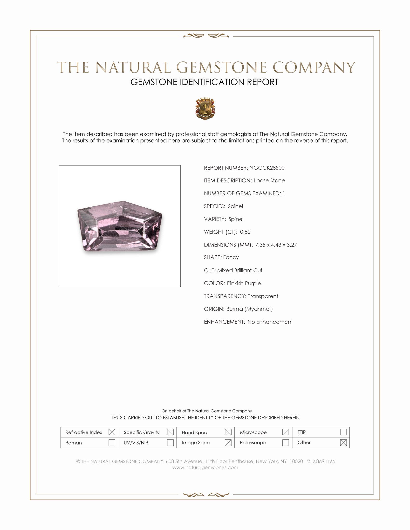 0.82 Ct. Pinkish Purple Spinel from Burma (Myanmar)