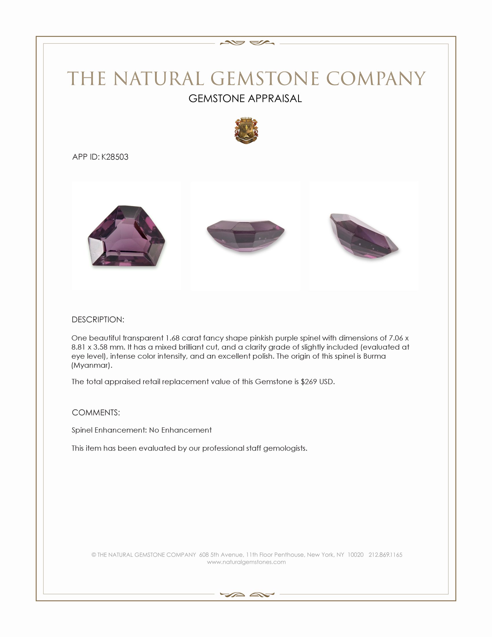 1.68 Ct. Pinkish Purple Spinel from Burma (Myanmar)