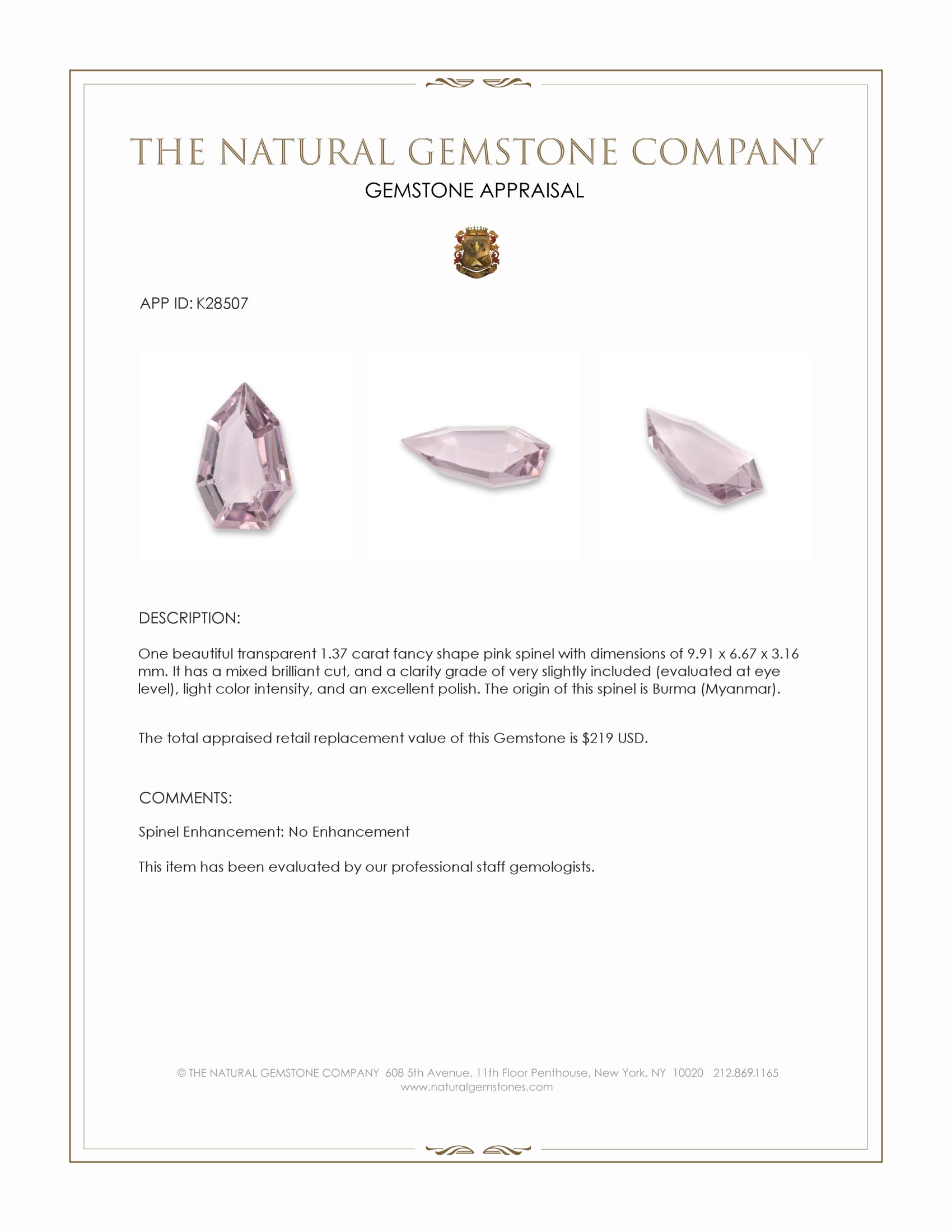 1.37 Ct. Pink Spinel from Burma (Myanmar)