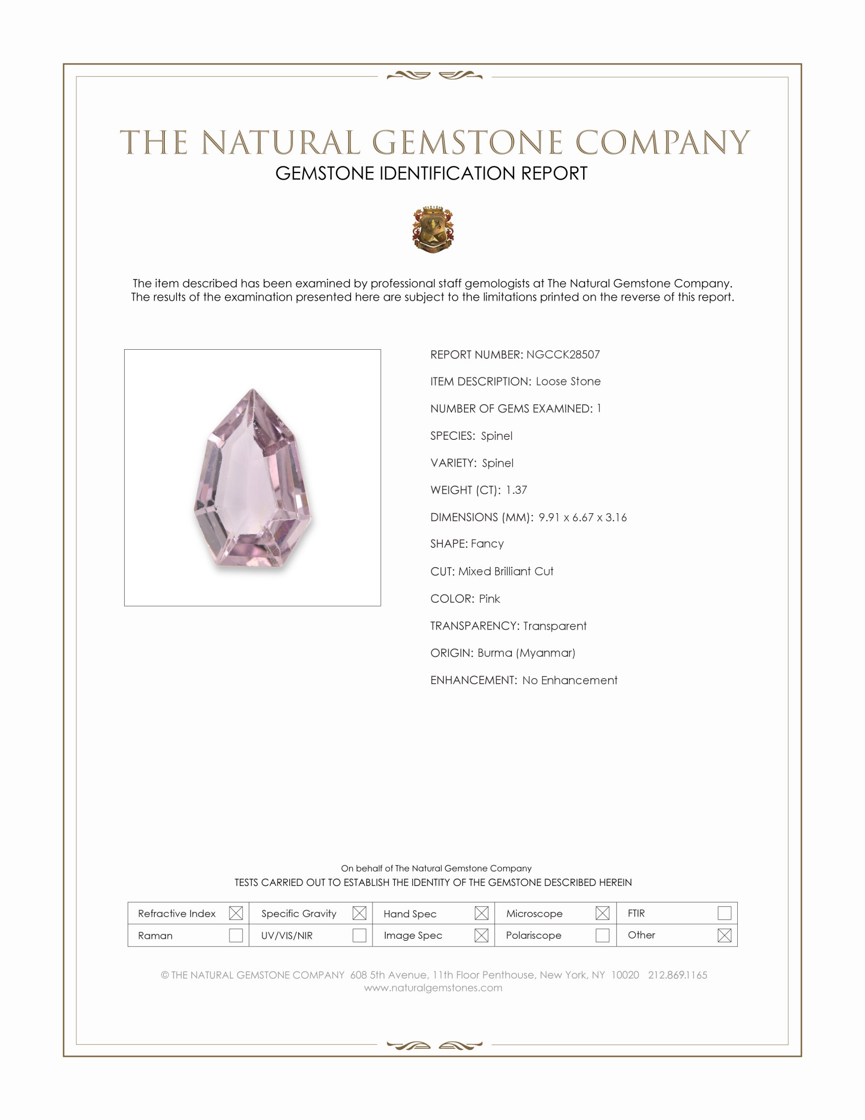 1.37 Ct. Pink Spinel from Burma (Myanmar)