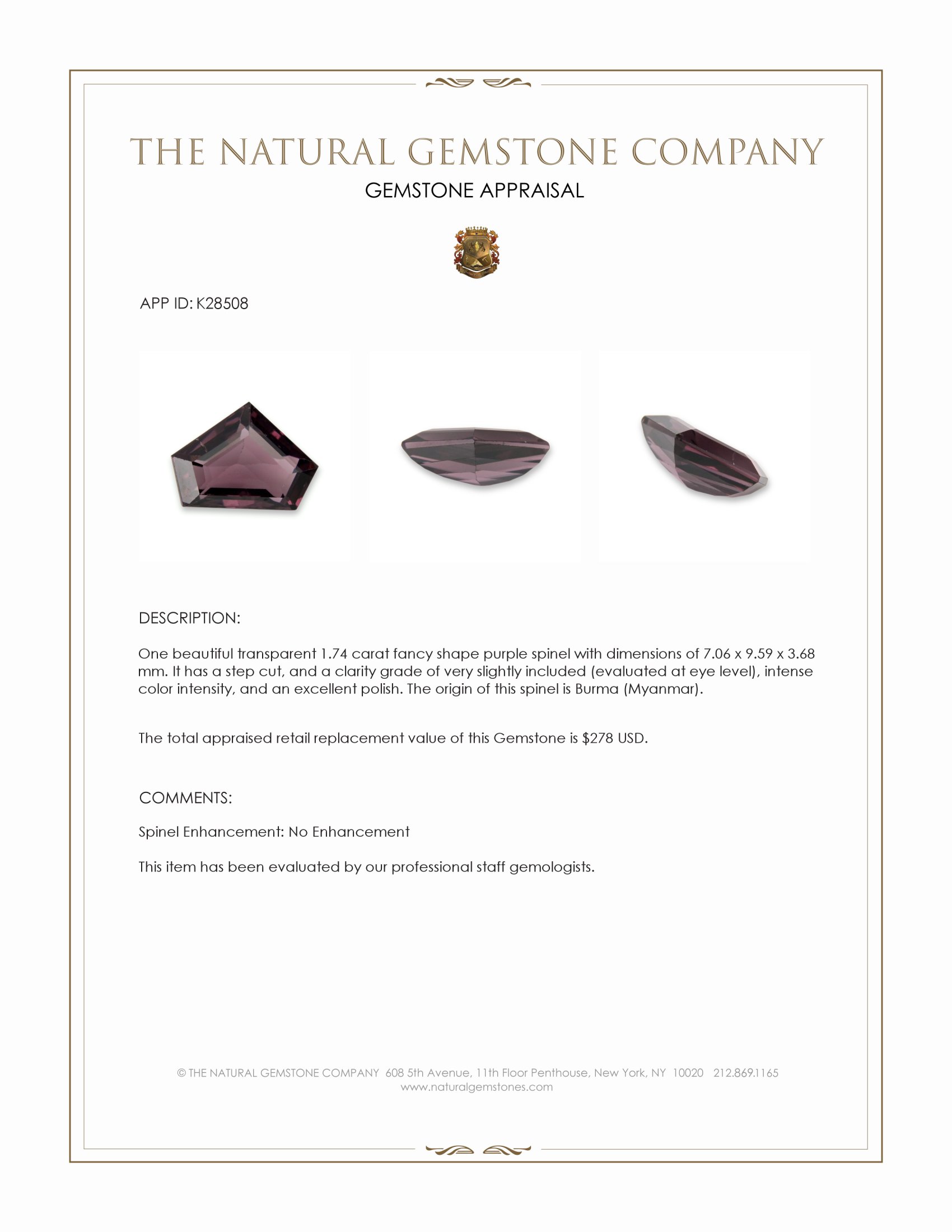 1.74 Ct. Purple Spinel from Burma (Myanmar)