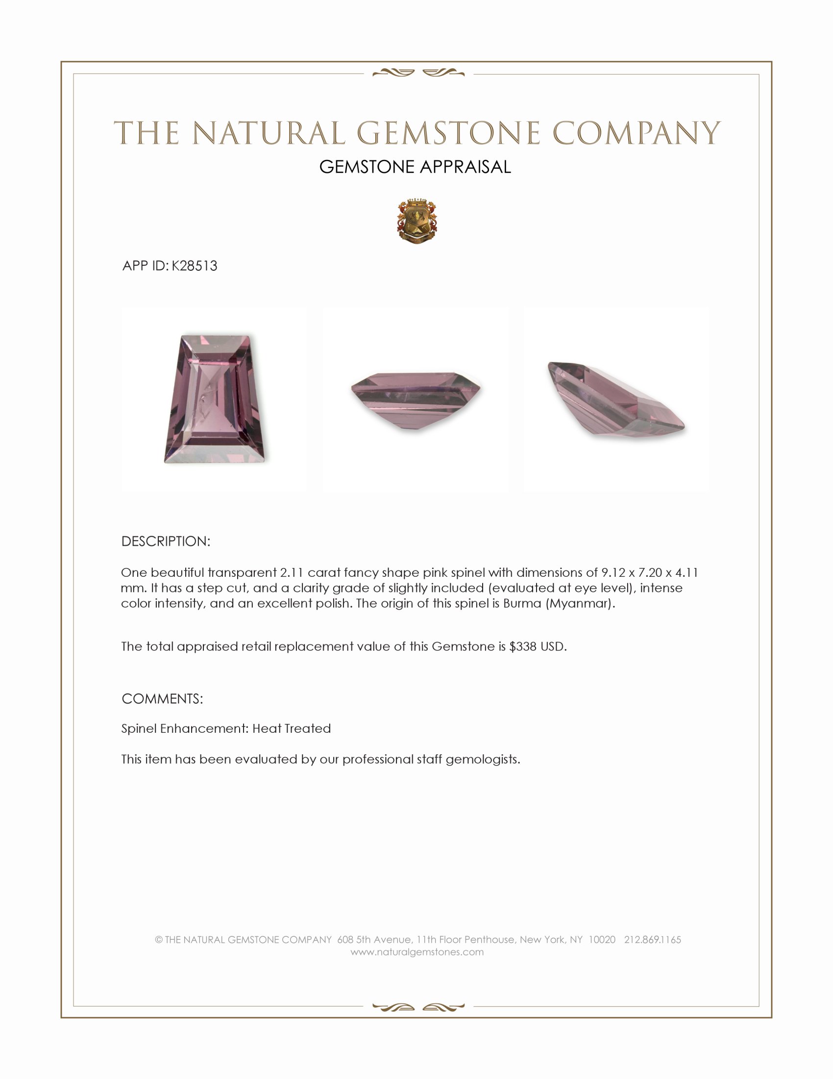 2.11 Ct. Pink Spinel from Burma (Myanmar)