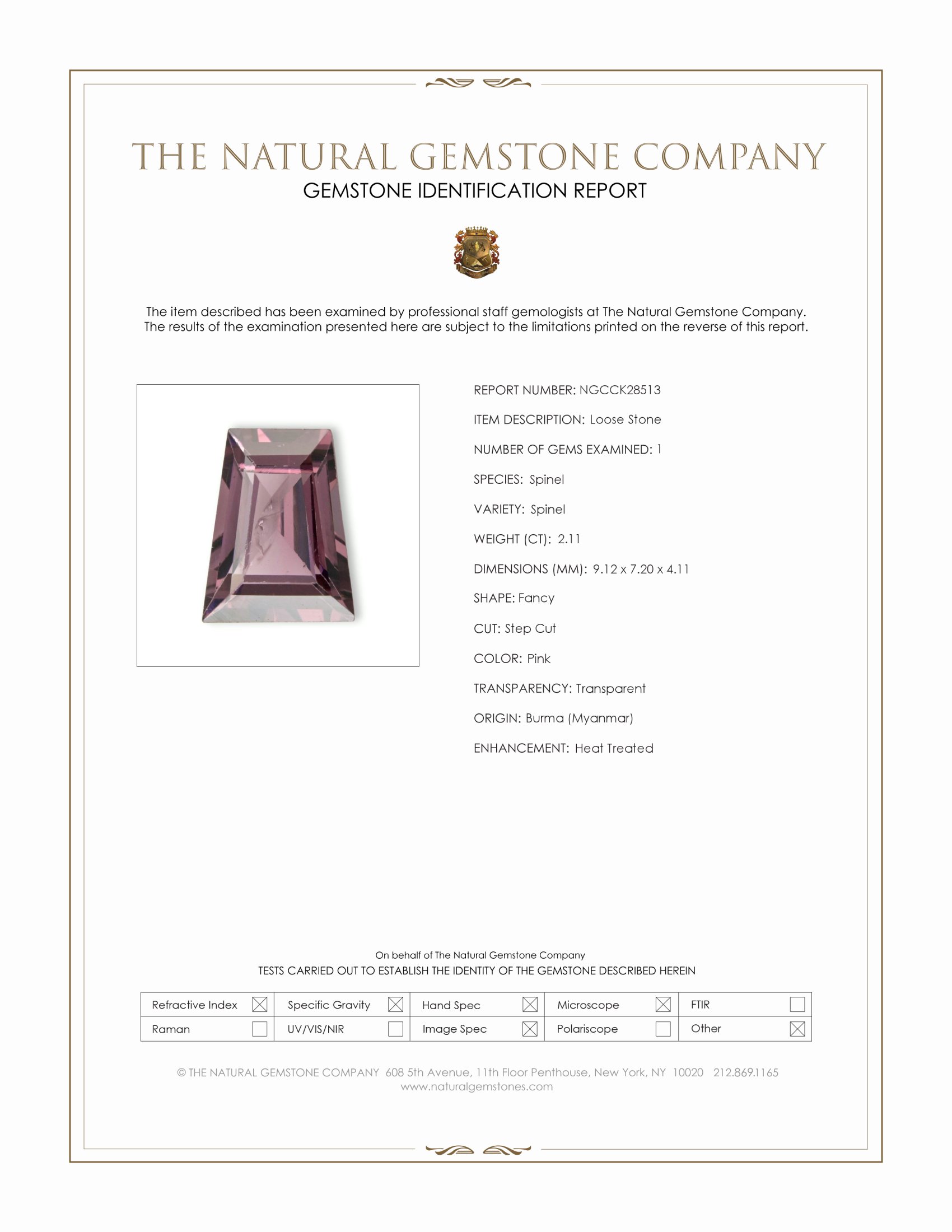 2.11 Ct. Pink Spinel from Burma (Myanmar)