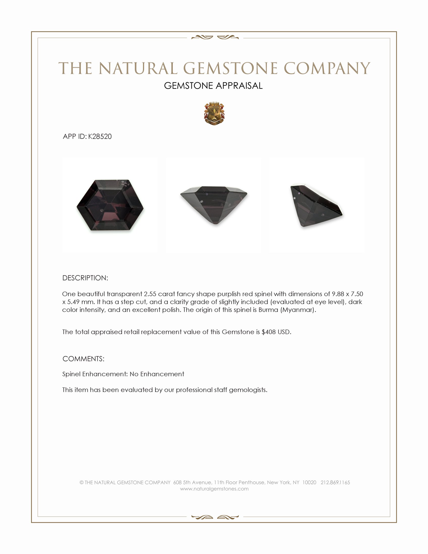 2.55 Ct. Purplish Red Spinel from Burma (Myanmar)