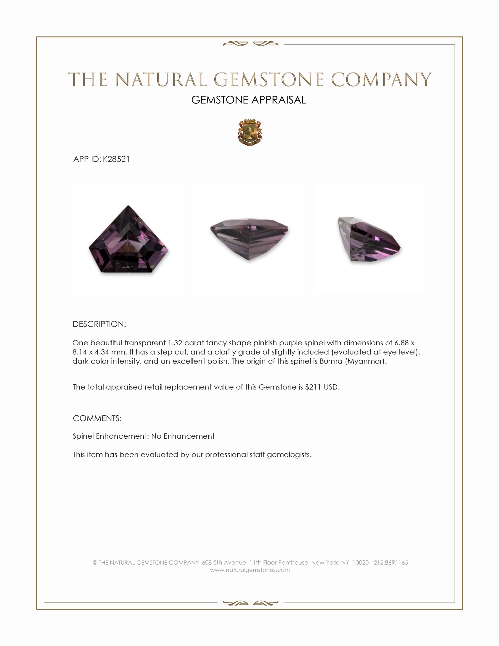 1.32 Ct. Pinkish Purple Spinel from Burma (Myanmar)