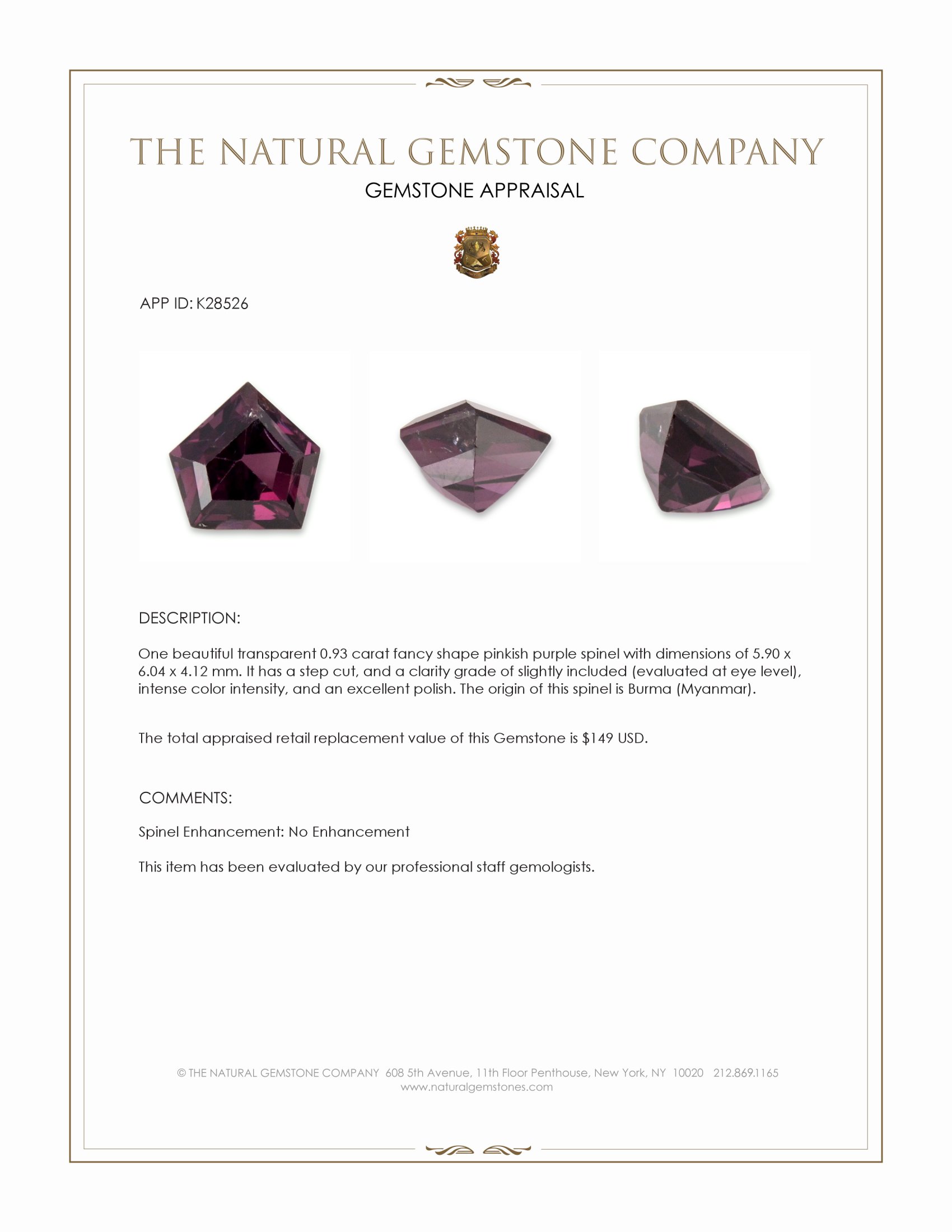 0.93 Ct. Pinkish Purple Spinel from Burma (Myanmar)