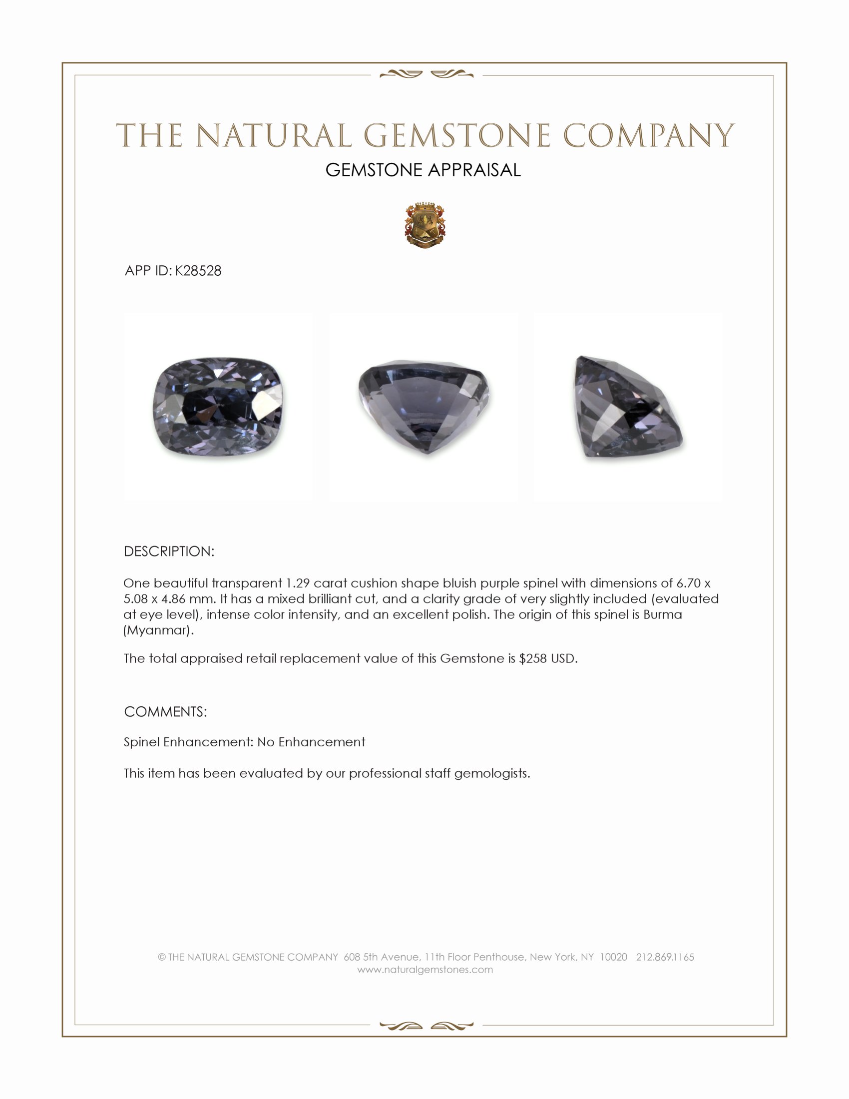 1.29 Ct. Bluish Purple Spinel from Burma (Myanmar)