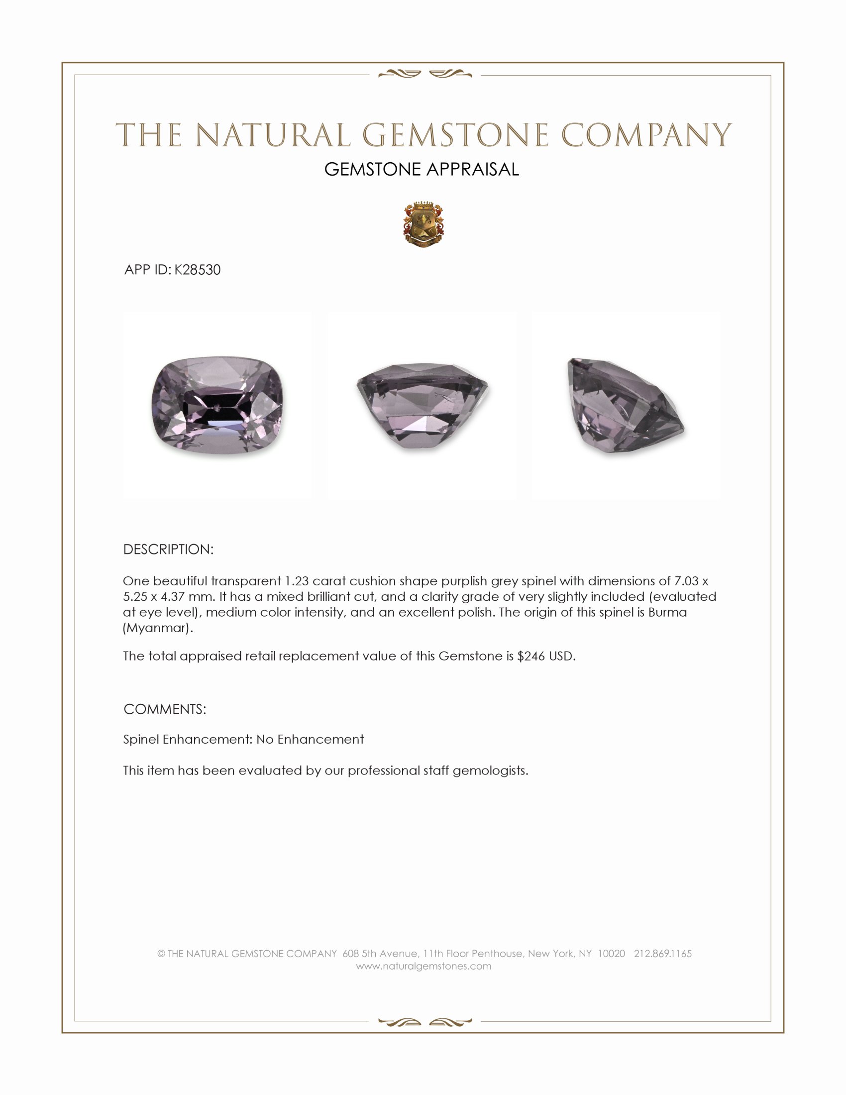 1.23 Ct. Purplish Grey Spinel from Burma (Myanmar)