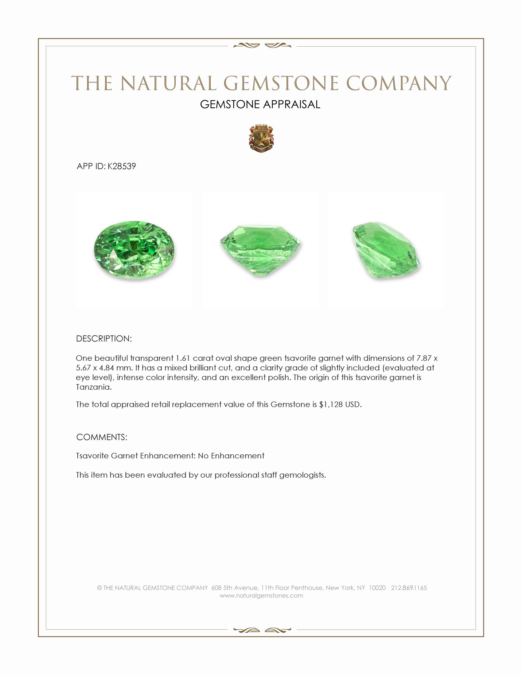 1.61 Ct. Tsavorite Garnet from Tanzania
