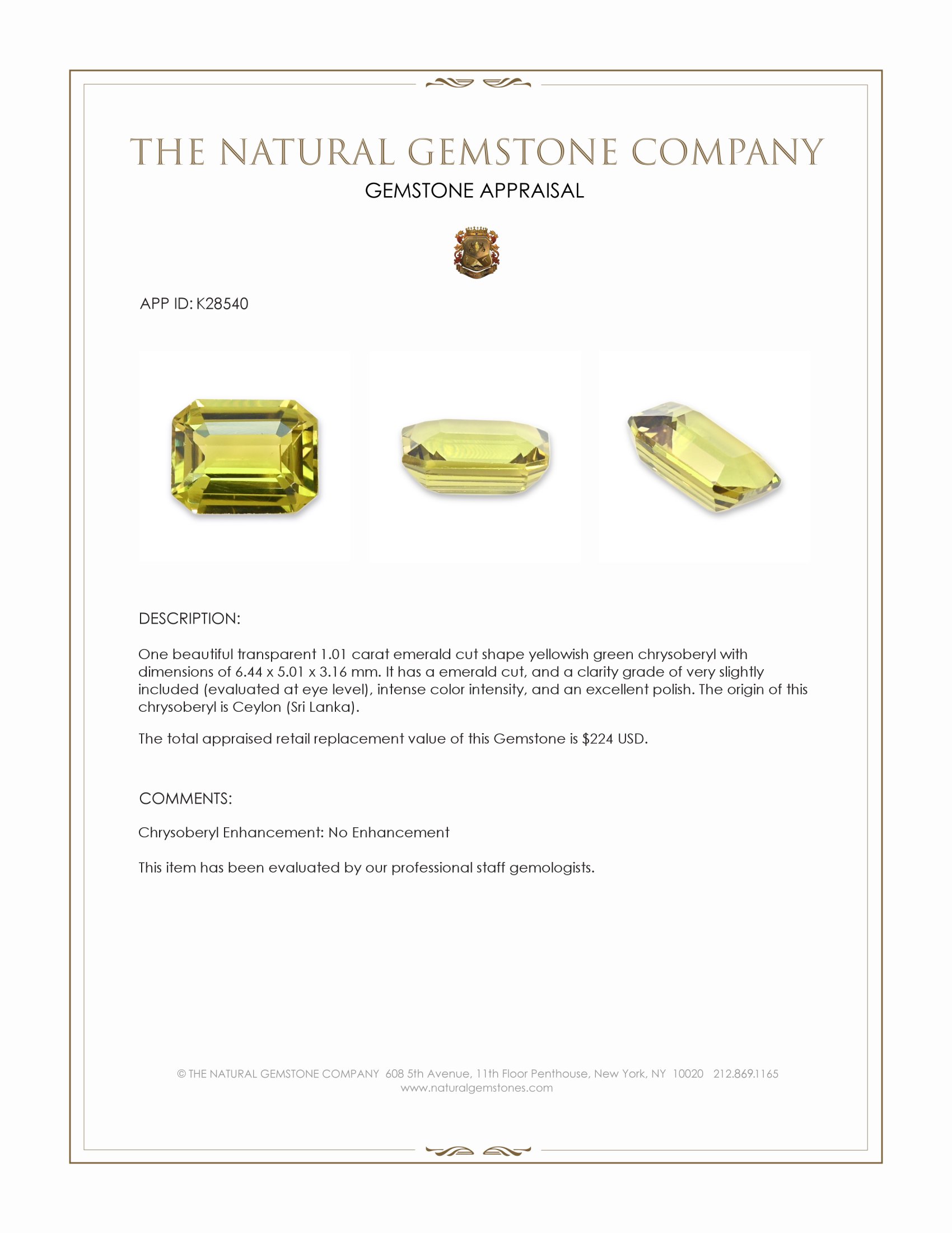 1.01 Ct. Yellowish Green Chrysoberyl from Ceylon (Sri Lanka)