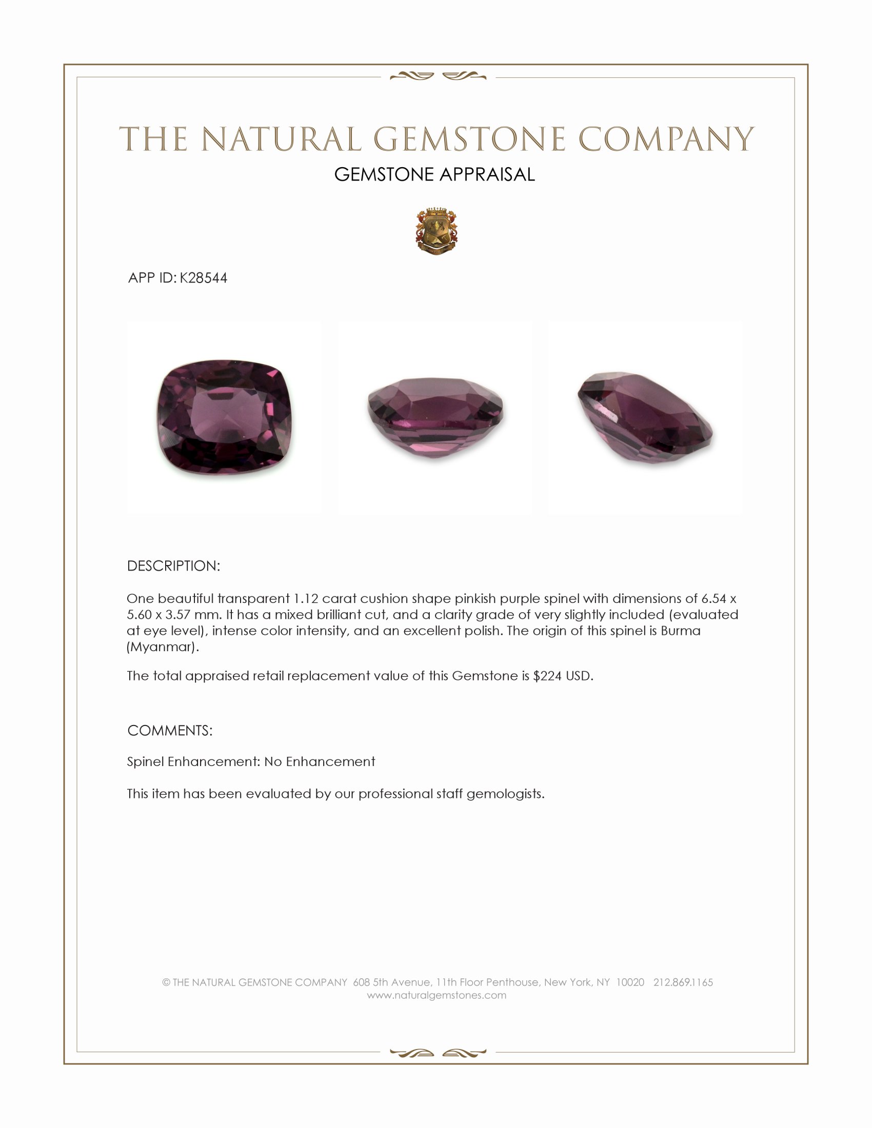 1.12 Ct. Pinkish Purple Spinel from Burma (Myanmar)