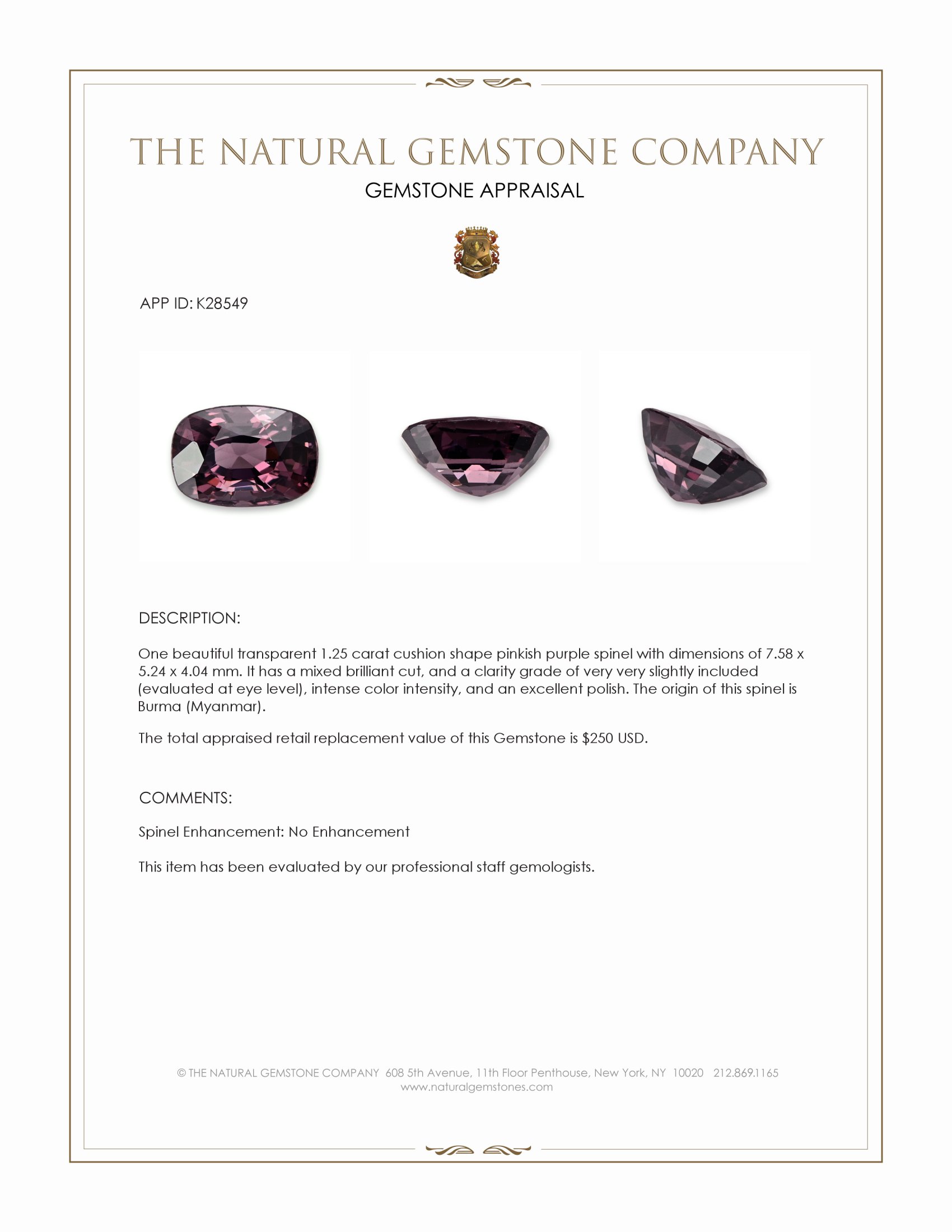 1.25 Ct. Pinkish Purple Spinel from Burma (Myanmar)