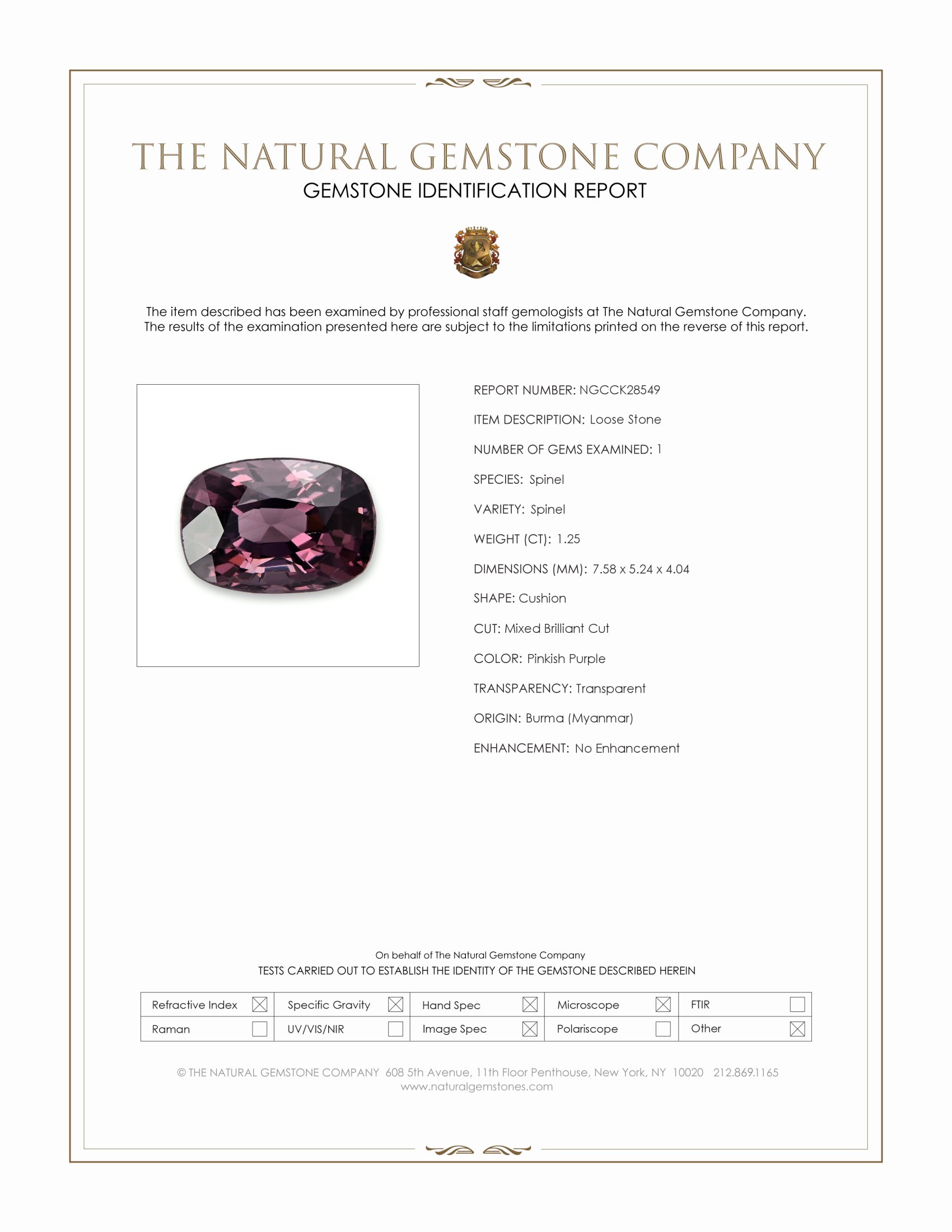 1.25 Ct. Pinkish Purple Spinel from Burma (Myanmar)