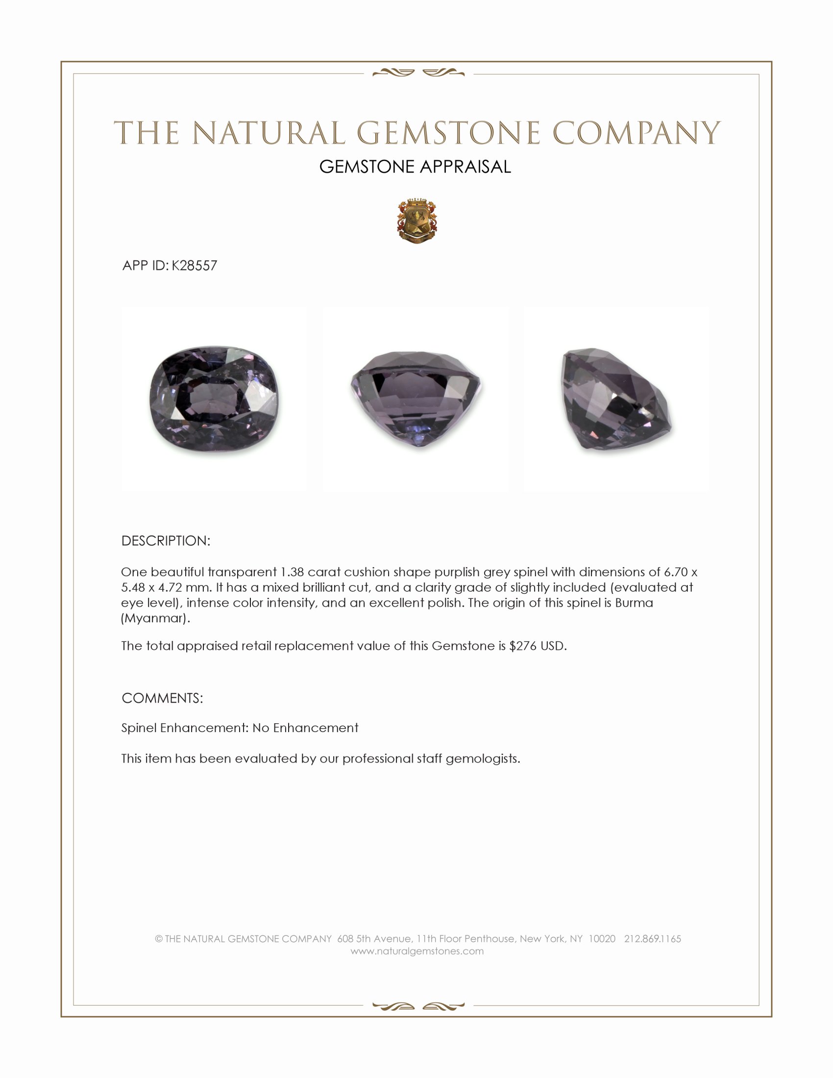 1.38 Ct. Purplish Grey Spinel from Burma (Myanmar)