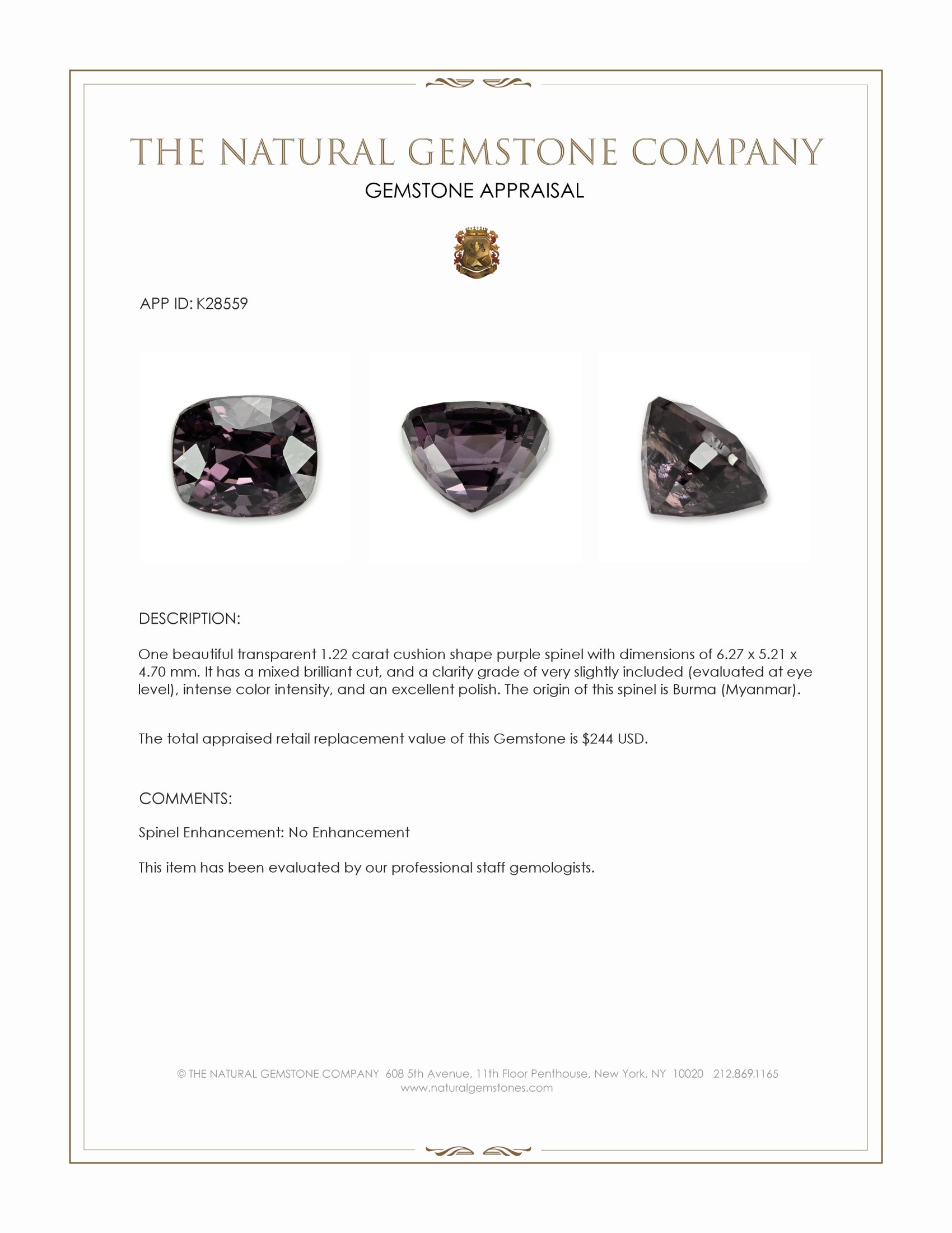 1.22 Ct. Purple Spinel from Burma (Myanmar)