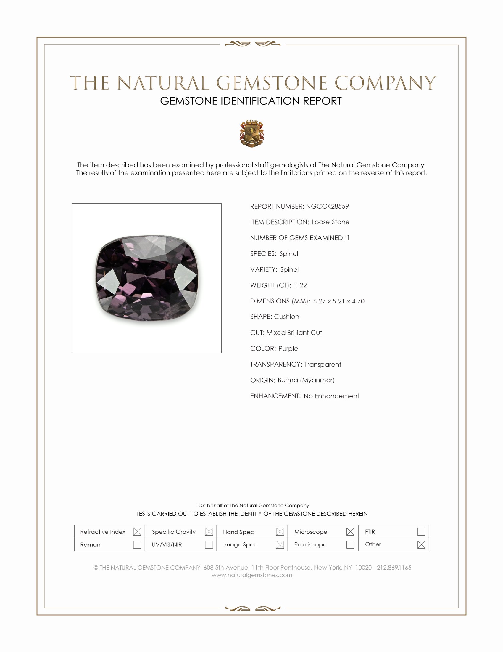 1.22 Ct. Purple Spinel from Burma (Myanmar)