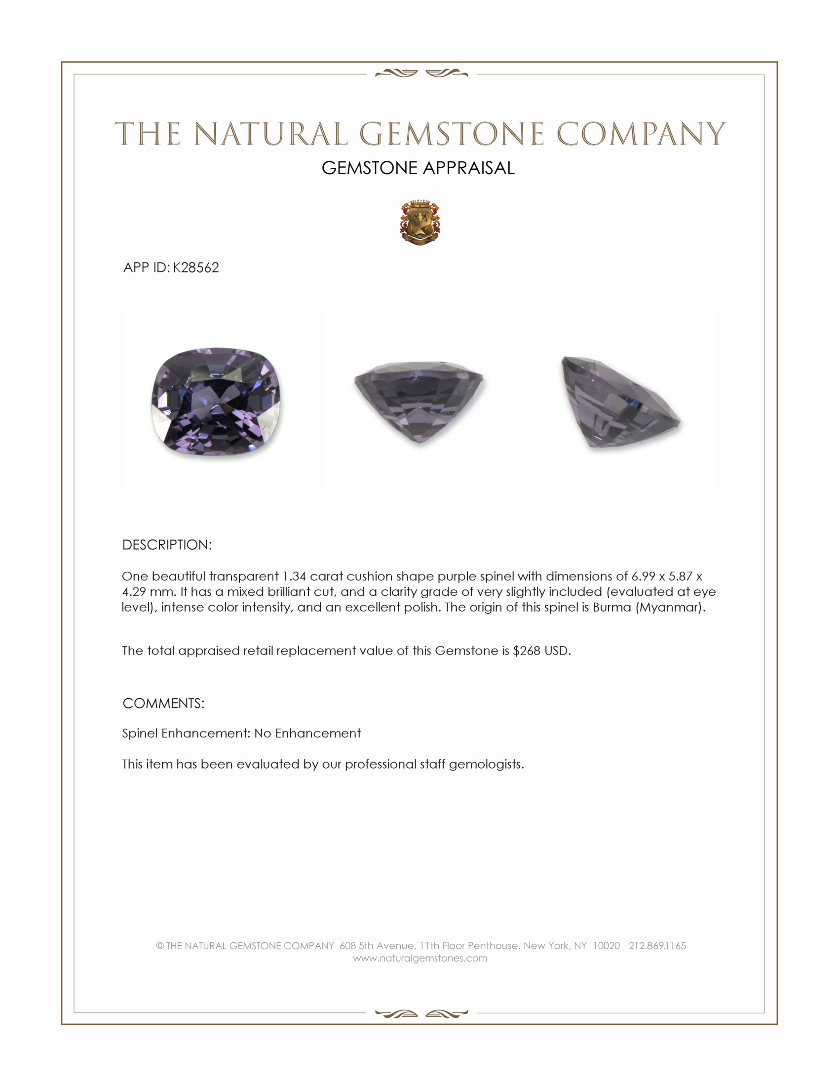 1.34 Ct. Purple Spinel from Burma (Myanmar)