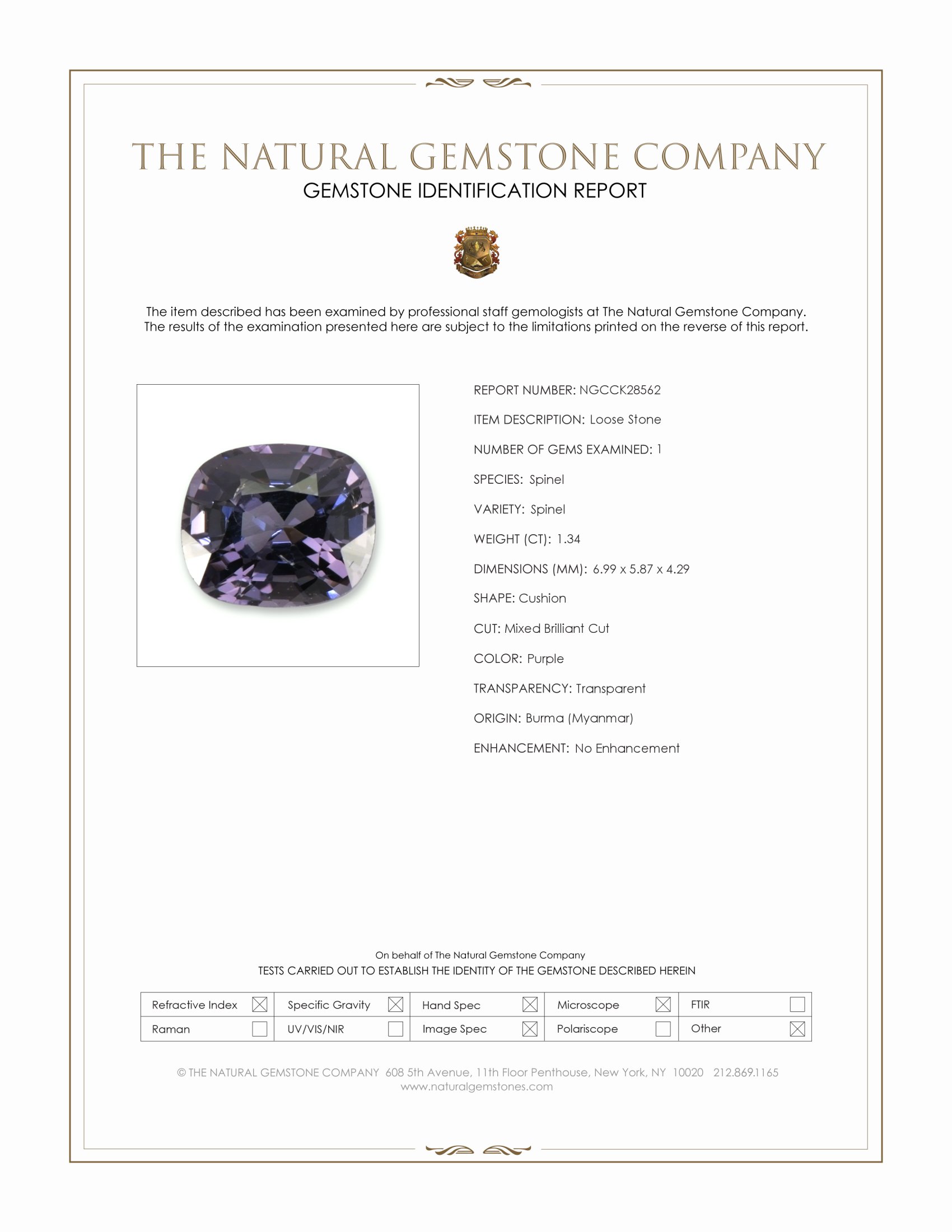 1.34 Ct. Purple Spinel from Burma (Myanmar)