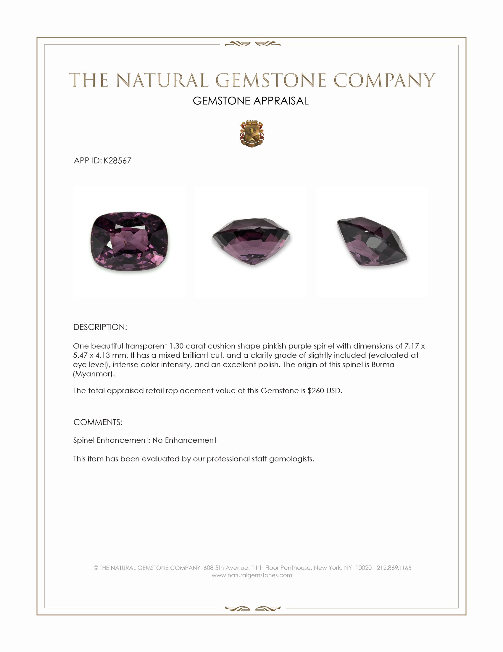 1.30 Ct. Pinkish Purple Spinel from Burma (Myanmar)