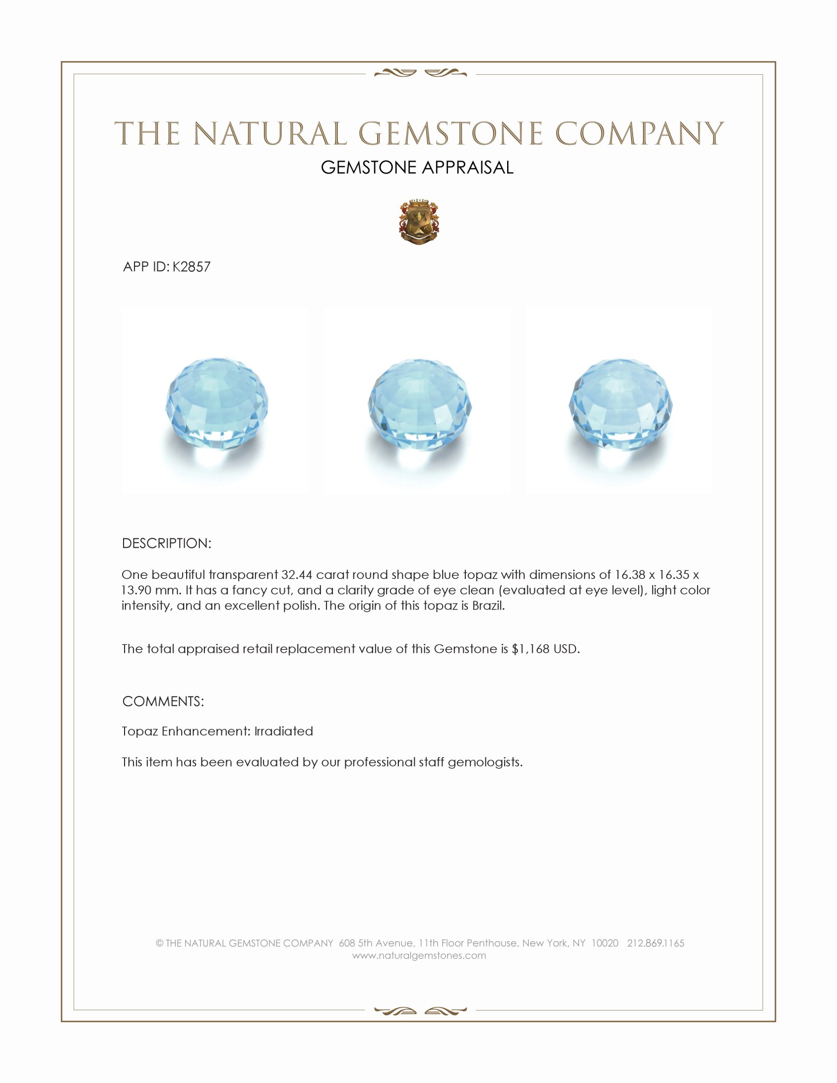 32.44 Ct. Blue Topaz from Brazil