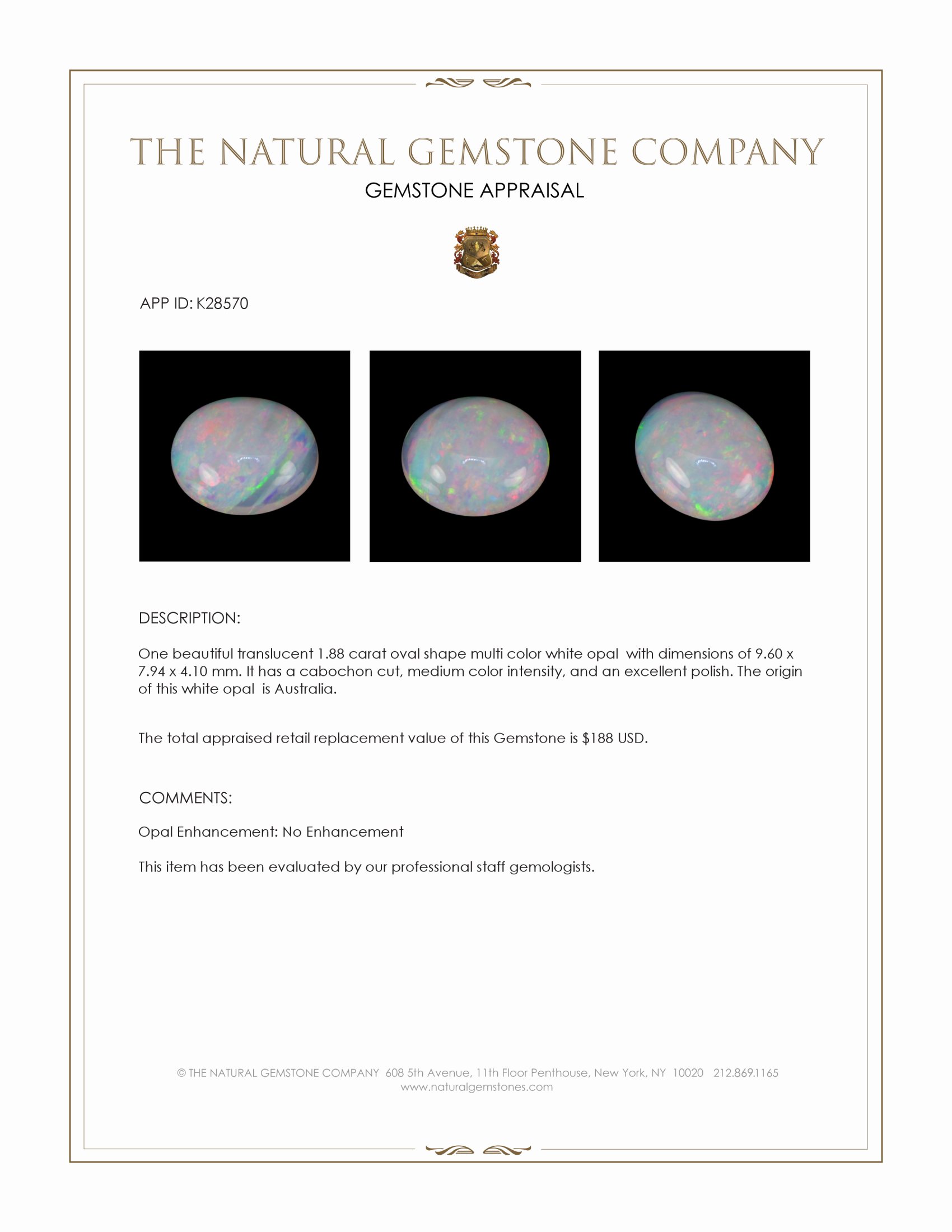 1.88 Ct. Multi Color Cabochon White Opal (Light Opal) from Australia