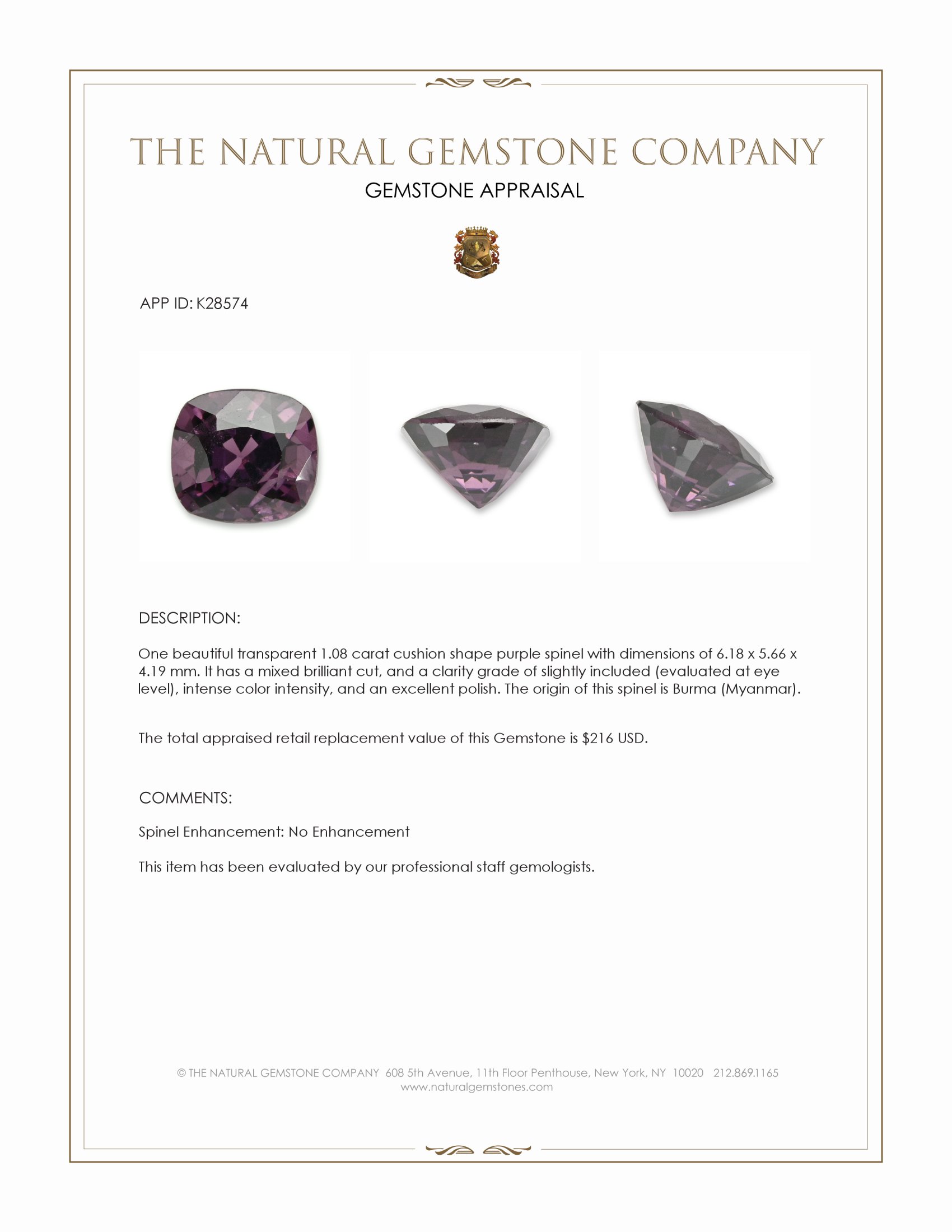 1.08 Ct. Purple Spinel from Burma (Myanmar)
