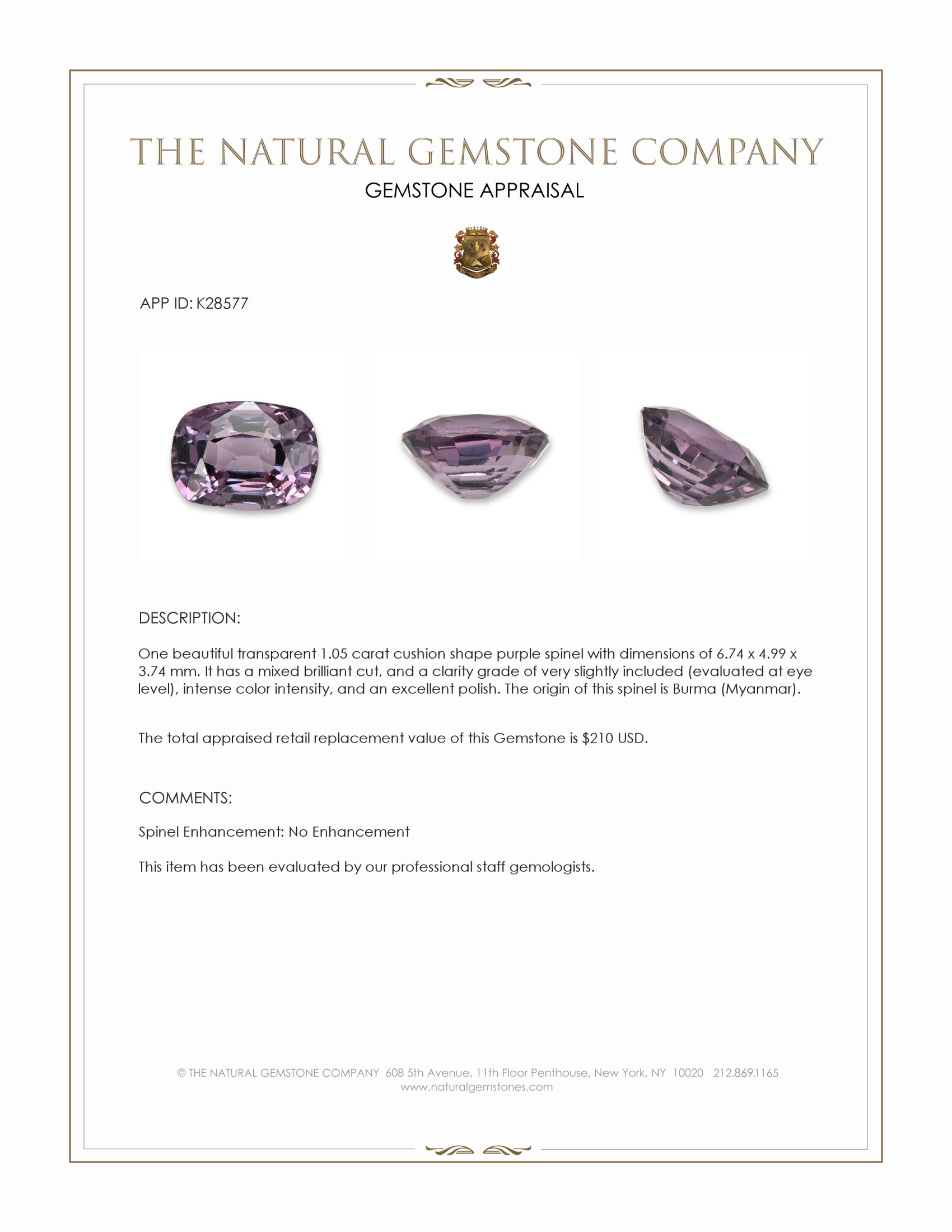 1.05 Ct. Purple Spinel from Burma (Myanmar)