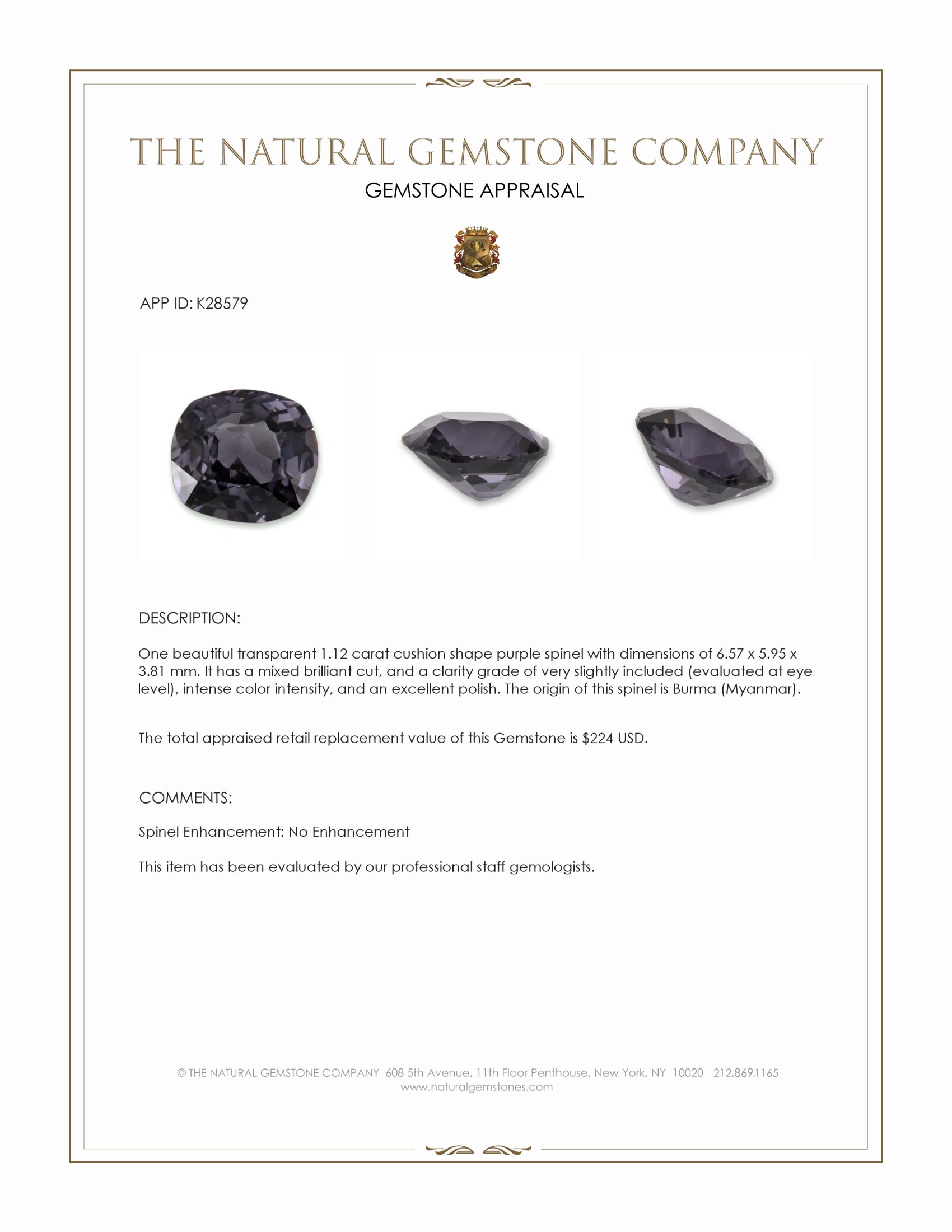 1.12 Ct. Purple Spinel from Burma (Myanmar)