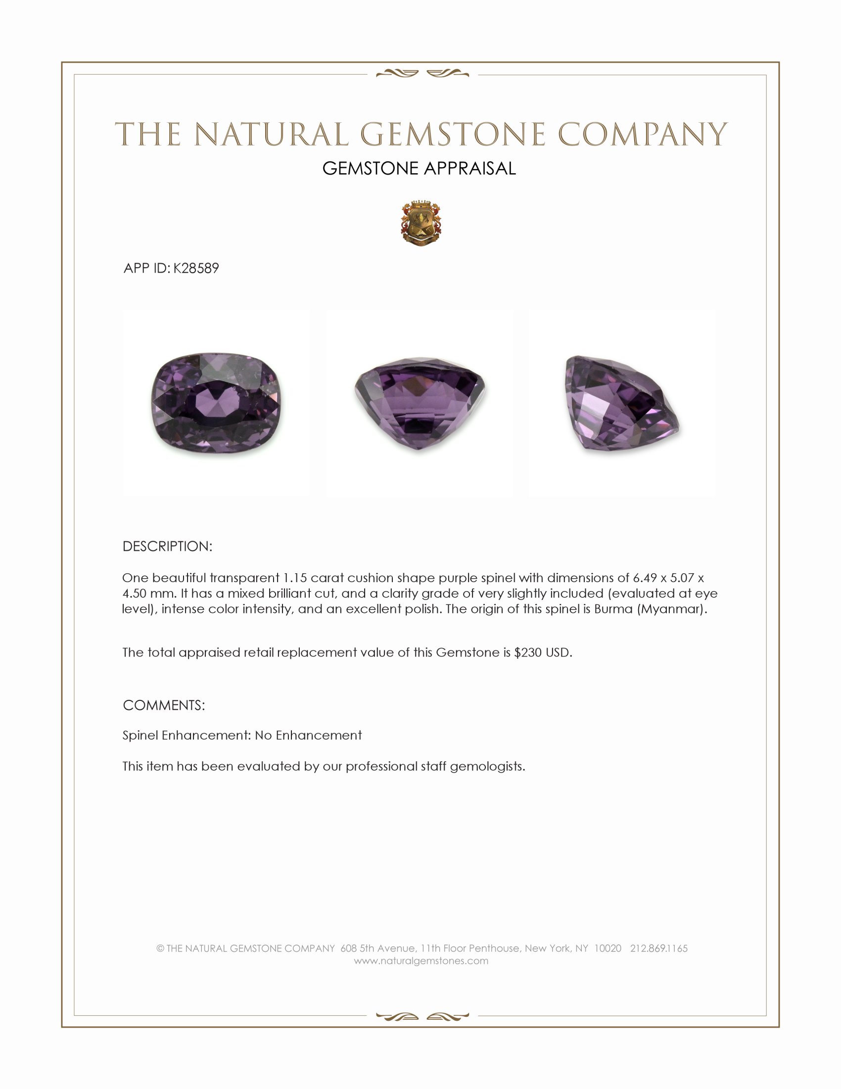 1.15 Ct. Purple Spinel from Burma (Myanmar)