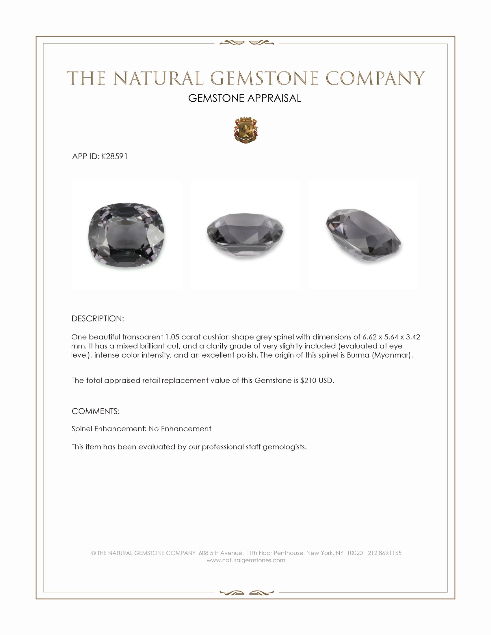 1.05 Ct. Grey Spinel from Burma (Myanmar)